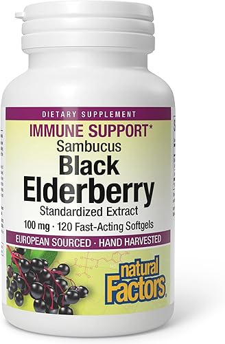 Baya de saúco negro, 100 mg, 120 cápsulas blandas de acción rápida, Natural Factors