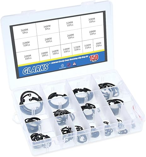Miniatura 5 de Glarks Juego surtido de anillos de retención de 150 piezas de acero de aleación métrica de 15 tamaños