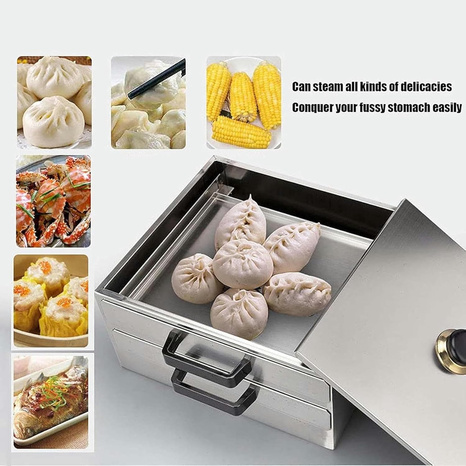 2-Layer Rice Noodle Rolls Machine, Openable Top Lid Rice Noodle Roll Food Steamer, Food Grade Stainless Steel Changfen Machine Cantonese Cuisine Roll Cooker, Household Roll Maker~/