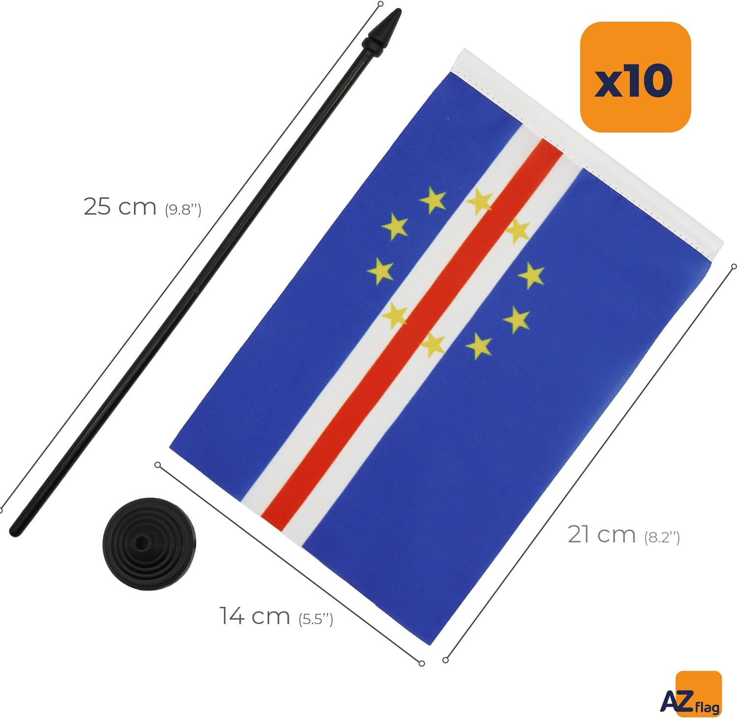 AZ FLAG Set of 10 Cape Verde Table Flags 21 x 14 cm - 10 Small Cape Verdean Office Flags 100% Polyester with 25 cm Pole and Black Plastic Base