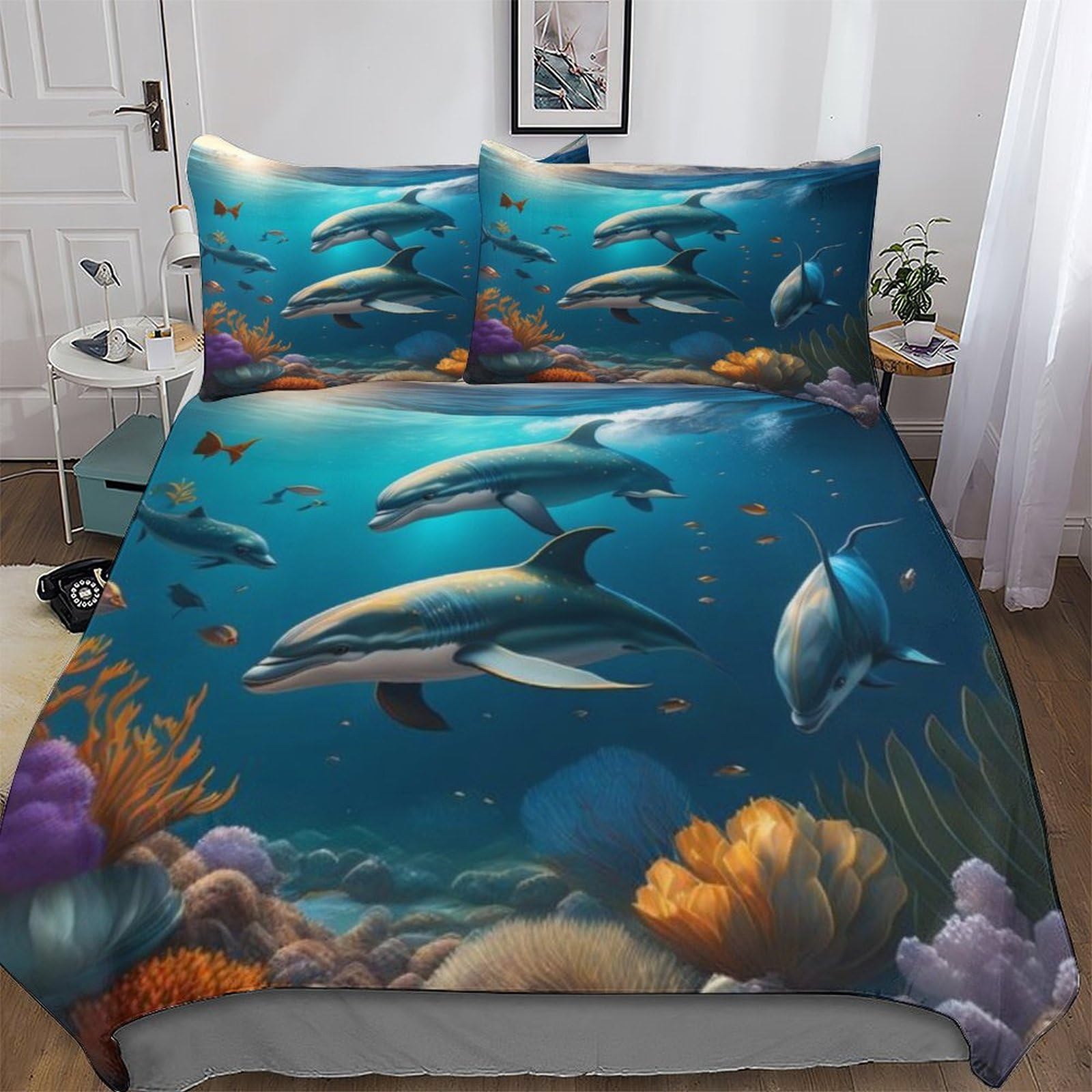 Housse de couette dauphin 3 pièces crée une ambiance océanique relaxante dans la chambre parentale