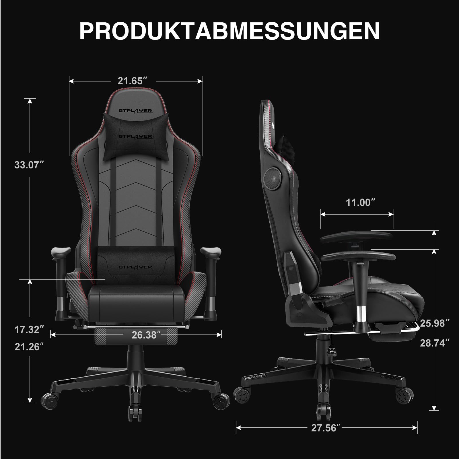 GTPLAYER Gaming Stuhl Gamer Stuhl mit Fußstütze Bluetooth Lautsprecher Ergonomischer Bürostuhl Computerstuhl Schreibtischstuhl PC Stuhl mit verstellbare Rückenlehne 200 kg Belastbarkeit schwarz
