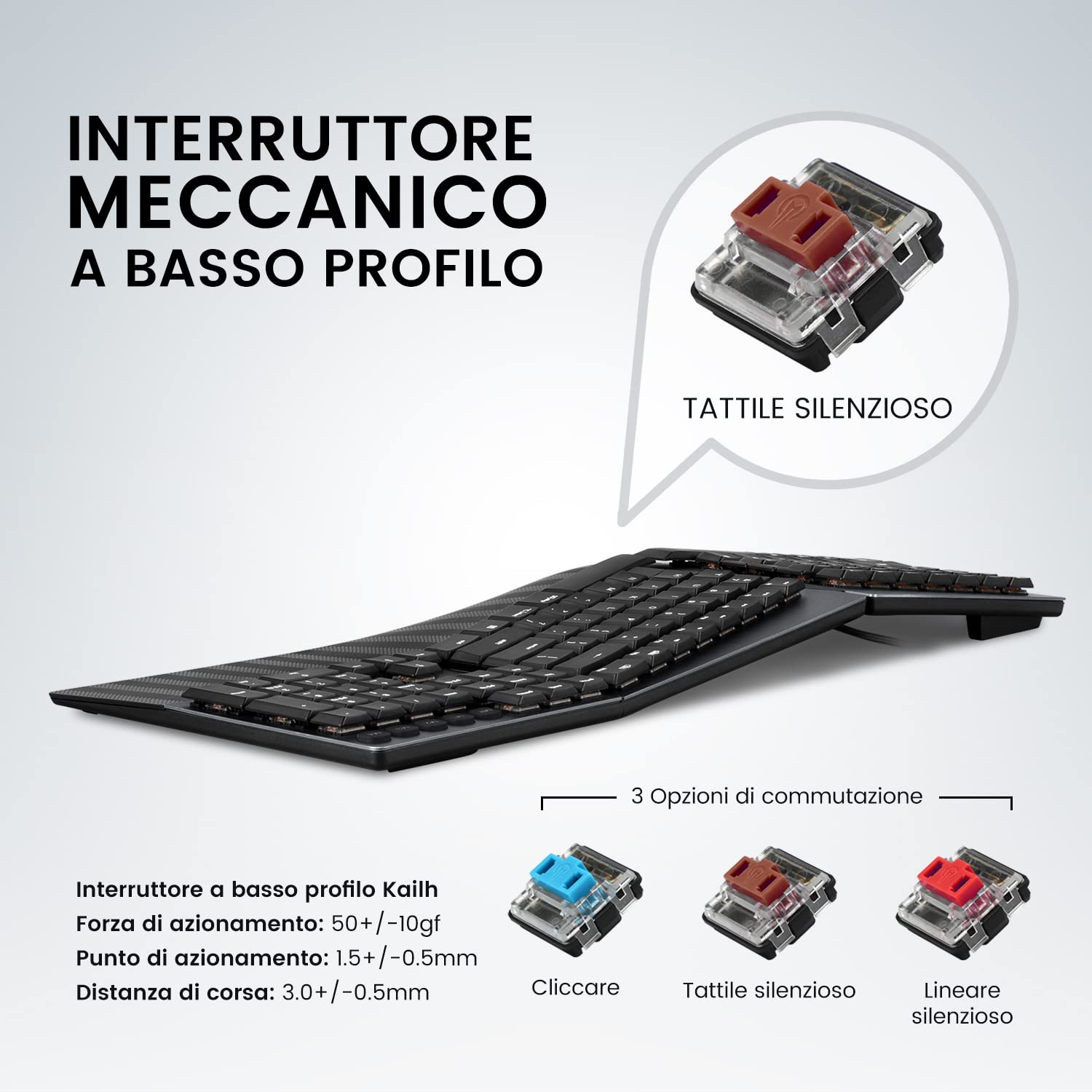 Perixx PERIBOARD-535BR Tastiera Meccanica Ergonomica a Filo - Tasti Tattili Brown - Tasti macro programmabili - Windows e Mac OS X - Layout QWERTY Italiano, Nero
