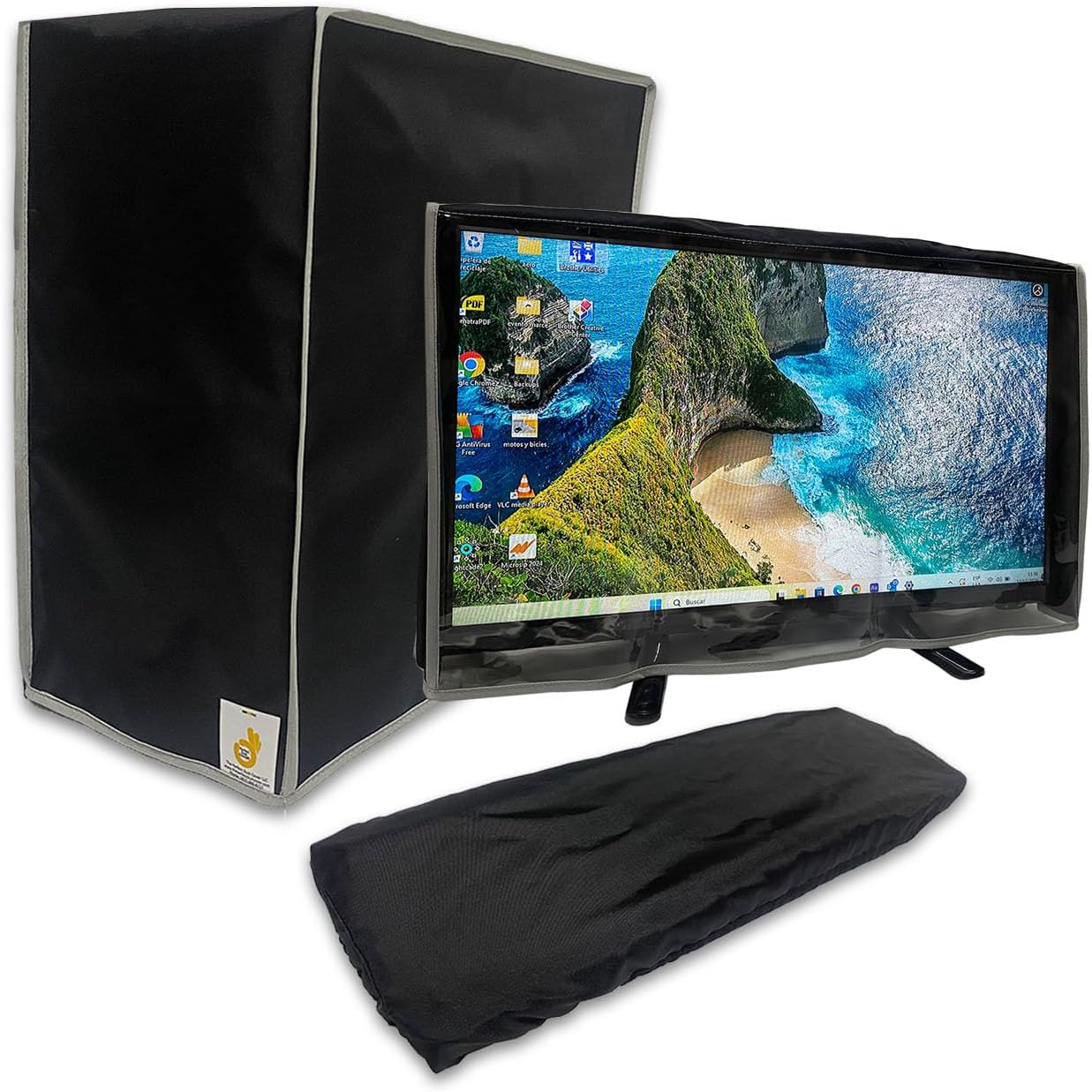 Black Nylon Dust Cover Compatible with Monitor-22 inch LED, Keyboard and CPU Tower. Set of 3 pieces, Anti-Static, Double Stitched and Waterproof Computer Dust Covers by Perfect Dust Cover LLC