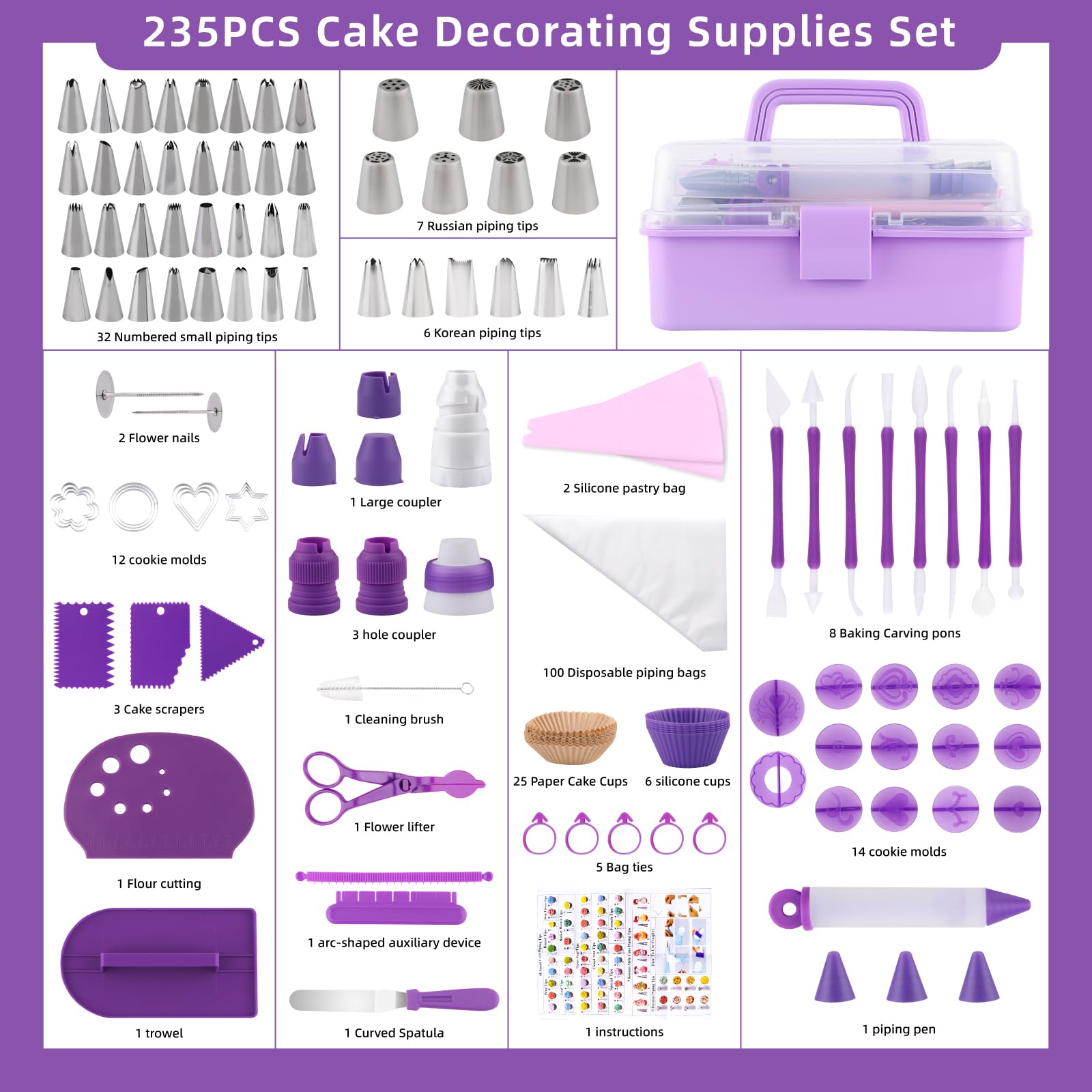 Kit de decoración de pasteles: kit de herramientas de suministros de decoración, 235 piezas de accesorios para hornear, incluye bolsas de pinchos y juego de puntas, juego de puntas de tubería 6