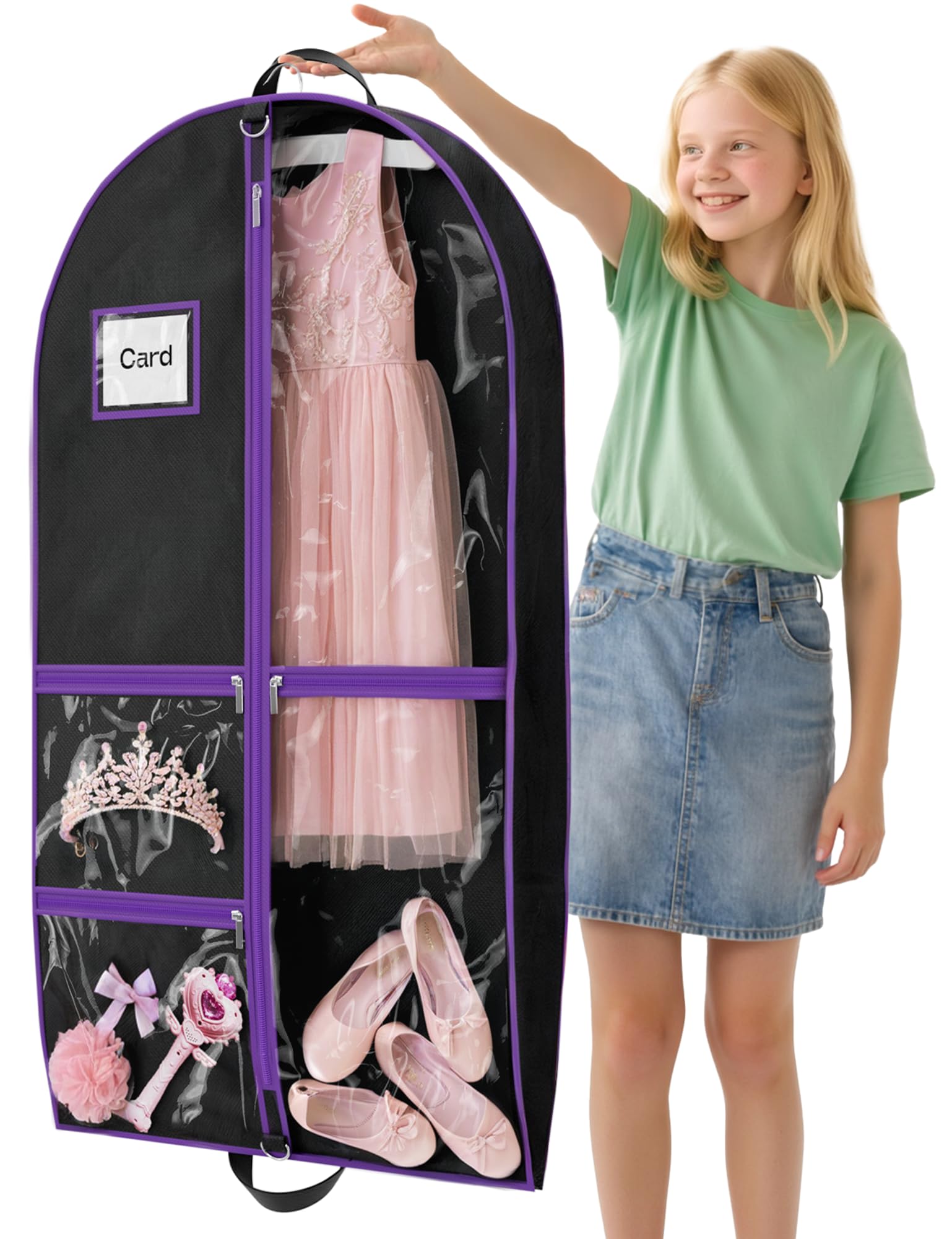Costume Garment Bags for Dancers, Garment Bags with 3 Clear Zipper Pockets, Clothes Covers Protector Bags for Suits, Travel & Sports Jersey, Cheer Uniform, Cosplay (Purple, 1 Pack (40inches))