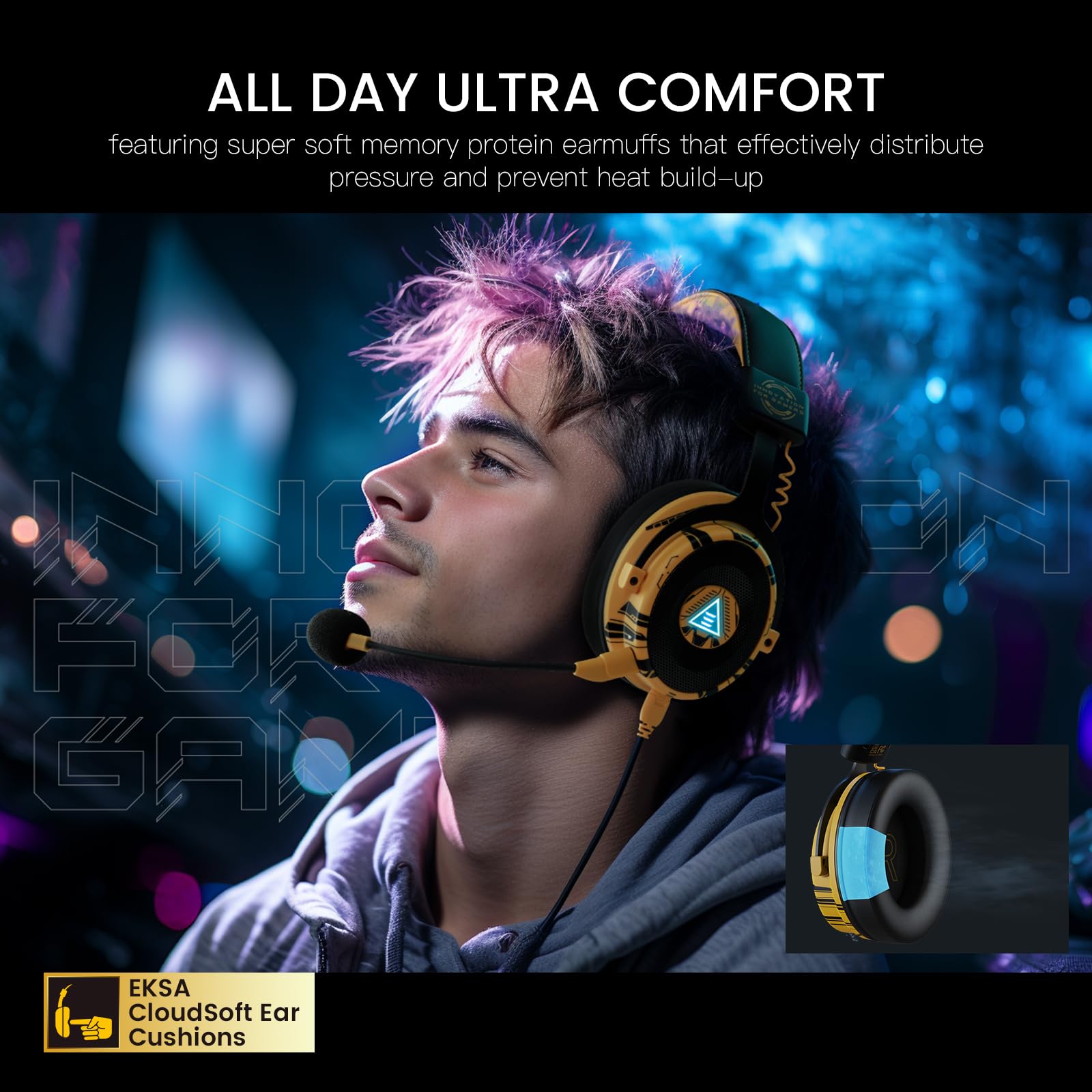 EKSA Cuffie Gaming, E900Pro Cuffie PS5 con audio surround 7.1 e microfono con cancellazione del rumore, Jack Audio USB & 3,5mm, Cuffie PC super leggere con luce LED per PC/Mac/Switch/PS4/PS5/Xbox One