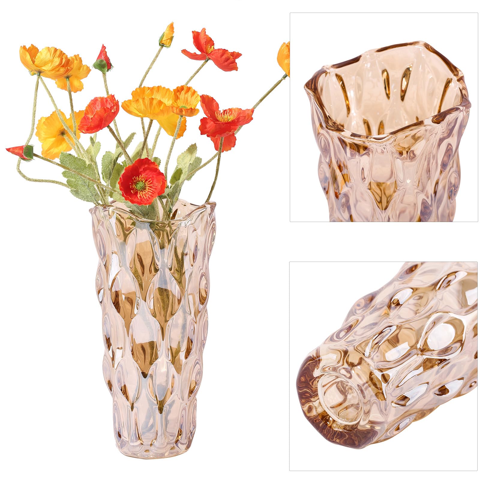 Vase en verre ambré - Cylindrique épais - Style bohème moderne - Fait à la main - Vase à fleurs décoratif pour table de salle à manger, mariage, fête de vacances, 29 cm de haut