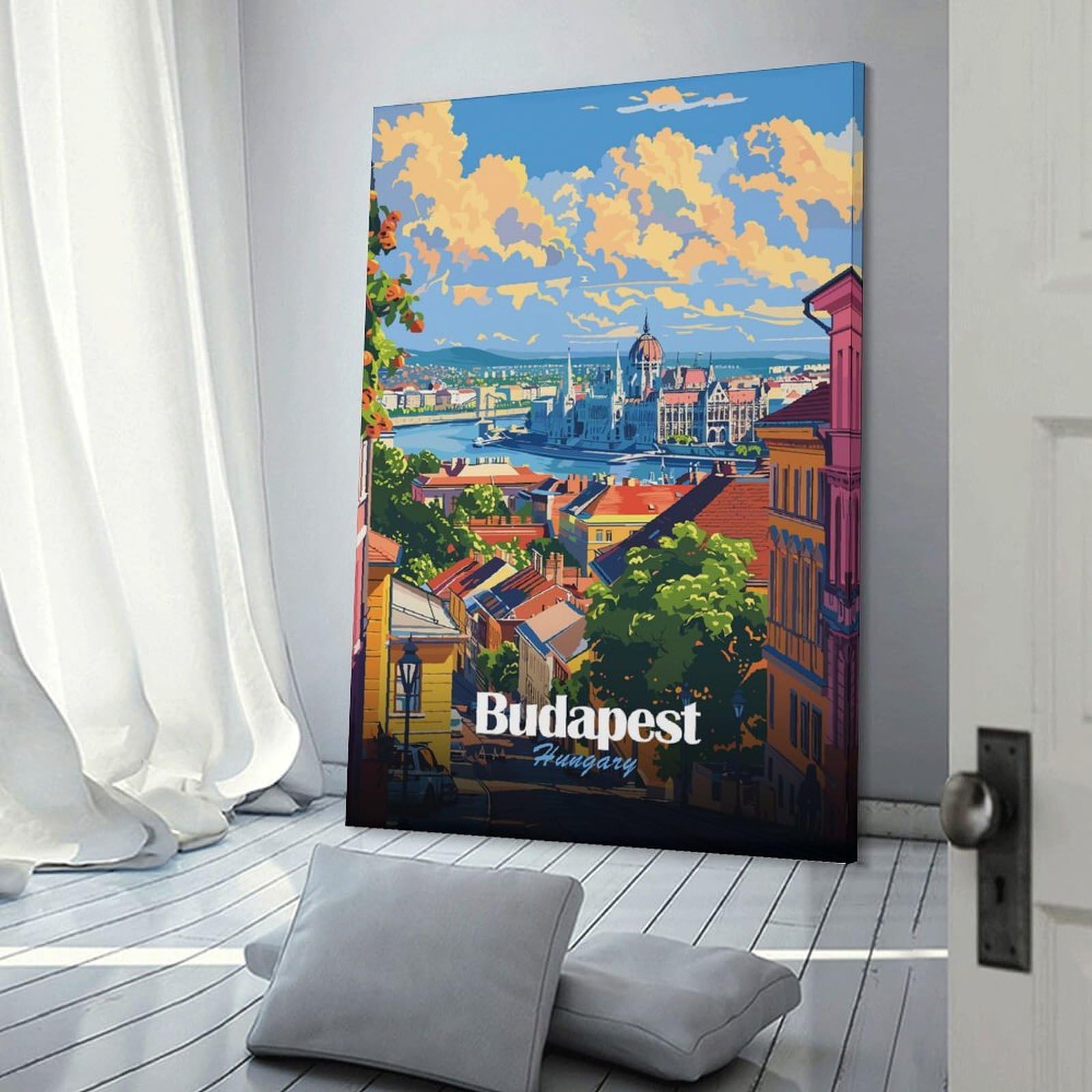 Junmoney Budapest, Hungary Cityscape Illustration Hanging Wall Art 16x24inch(40x60cm), for Small Homes, Bedrooms Or Open Spaces, Decorative Canvas Decor for Home Updates
