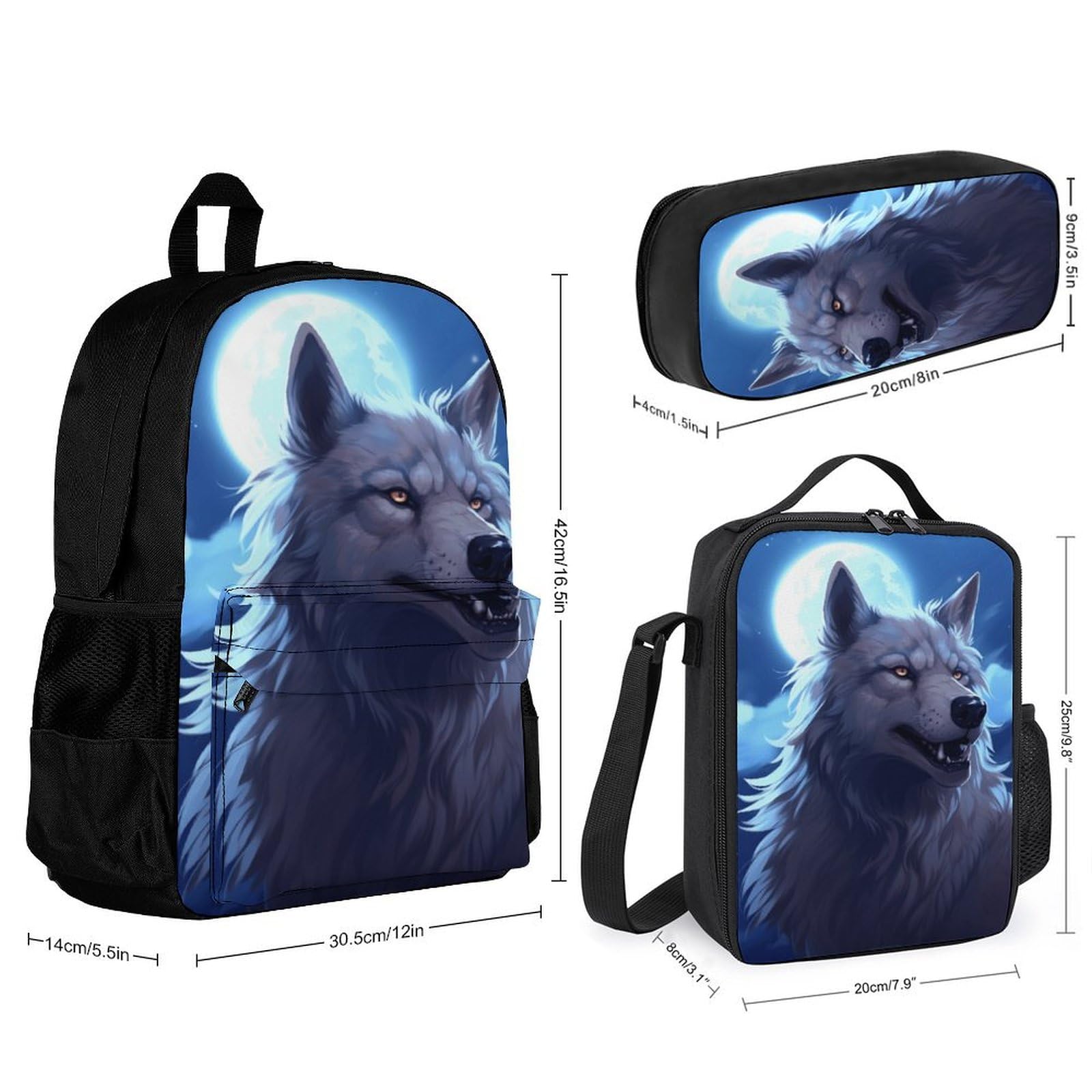 Sacs Loup Personnalisé avec Boîte à Déjeuner et Trousse à Crayons, Lot de 3 Sacs d'école Animal Wolves, Sac avec Boîte à Déjeuner