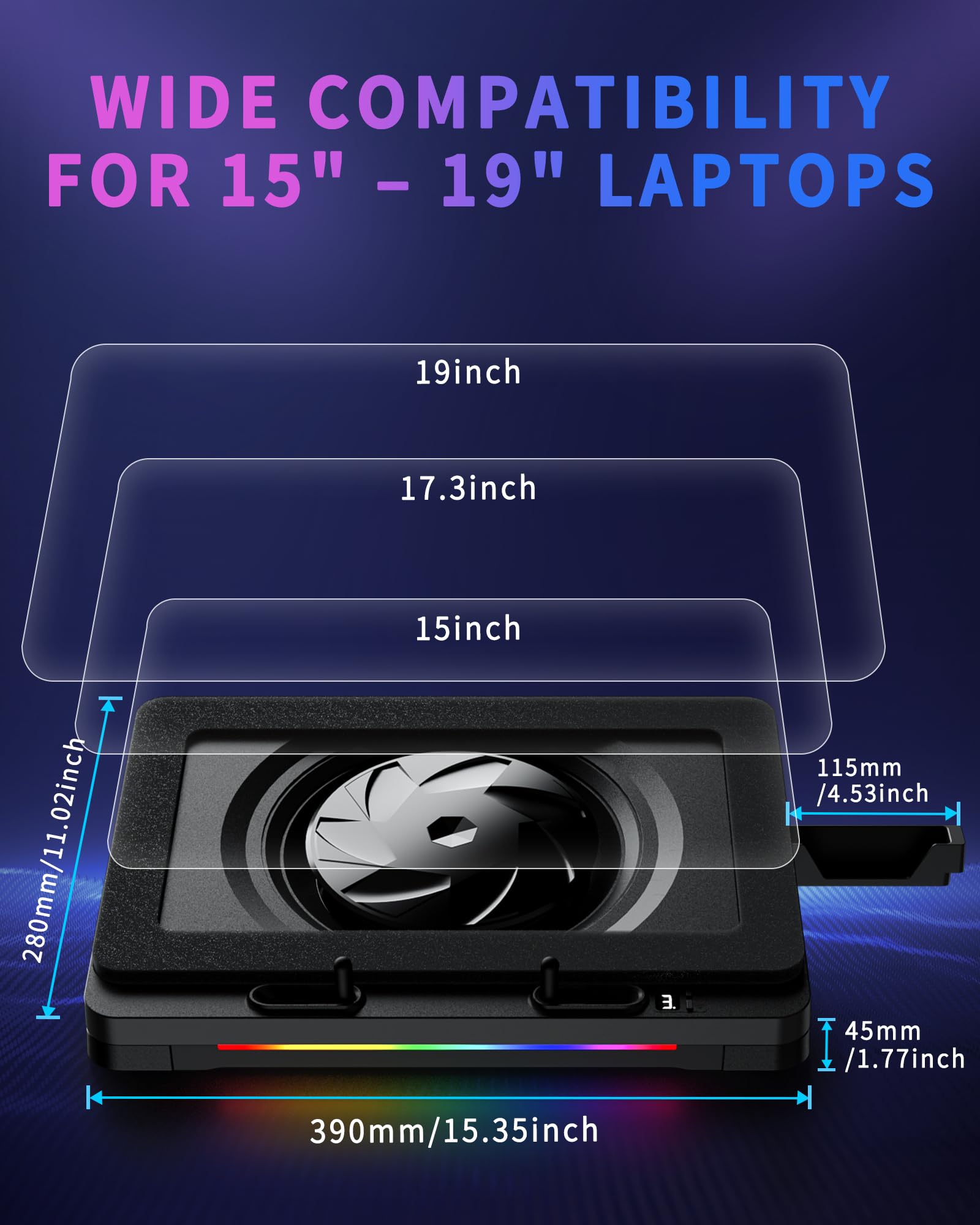 LP-3 Gaming Laptop Cooling Pad, Potente Turbo-Fan 180+ CFM RGB Laptop Cooler, silenzioso supporto ventola di raffreddamento per laptop con cuscinetti antiscivolo, altezza regolabile, controllo a 3