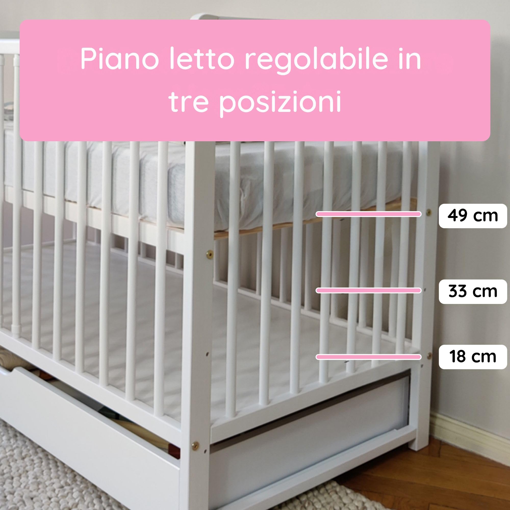 Kids Collective Lettino per neonati 60x120 con sponde Lettino che cresce con il bambino rete a doghe regolabile in altezza con sponde rimovibili & cassetto bianco Legno massello di pino