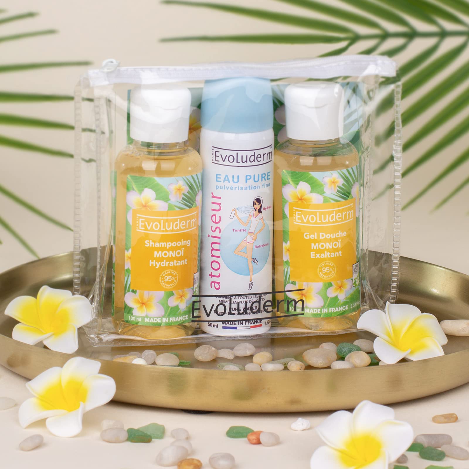 EVOLUDERM – Trousse Voyage Fraicheur Monoï – 1x Gel Douche Monoï Exaltant 100 ml + 1x Shampoing Monoï Hydratant 100 ml + 1x Atomiseur Eau Pure 50 ml - Fabrication Française