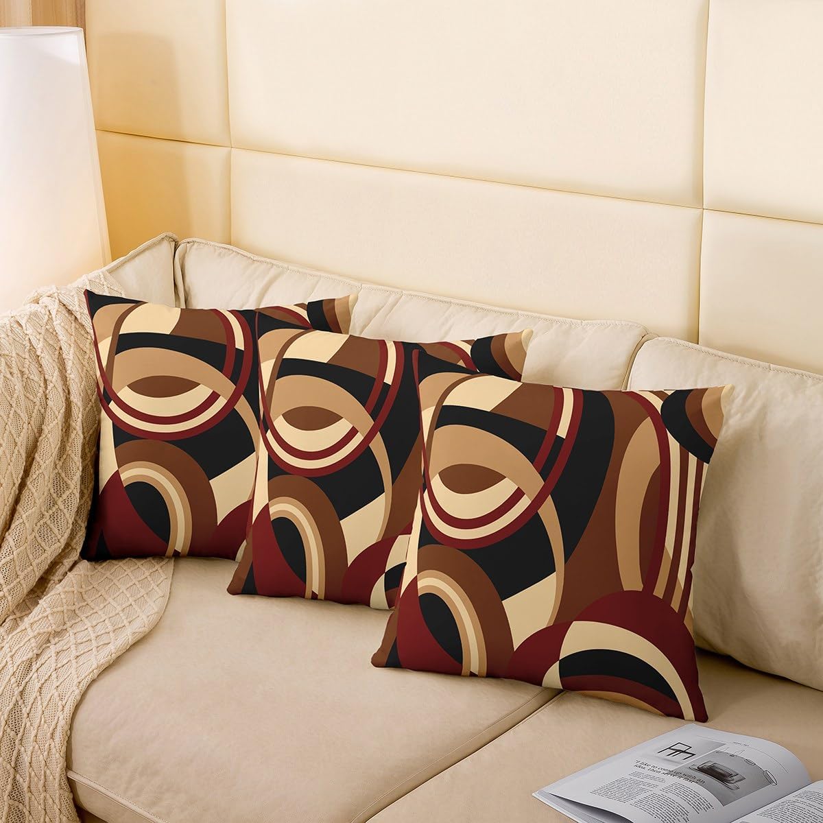 Feelyou Burgundy Brown Black Square Cushion Covers Set of 2 Set 20 x 20-Inch Stripes Reversible Throw Pillow Covers Decor Abstract Geometric Pillow Covers Home Decor Modern Striped Art Vintage
