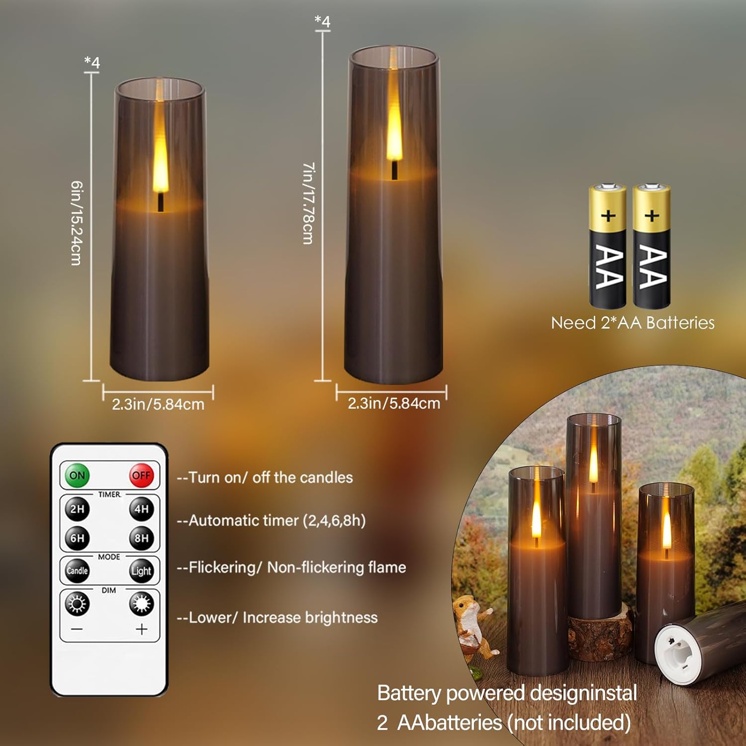 MUMCHASI 8 Packs Flameless Candles, Battery Operated with Remote, Arcylic Ribbed LED Flickering Candles, Realistic Dancing Flame Pillar Candles for Home, Wedding, Christmas Party D2.2 (Grey)