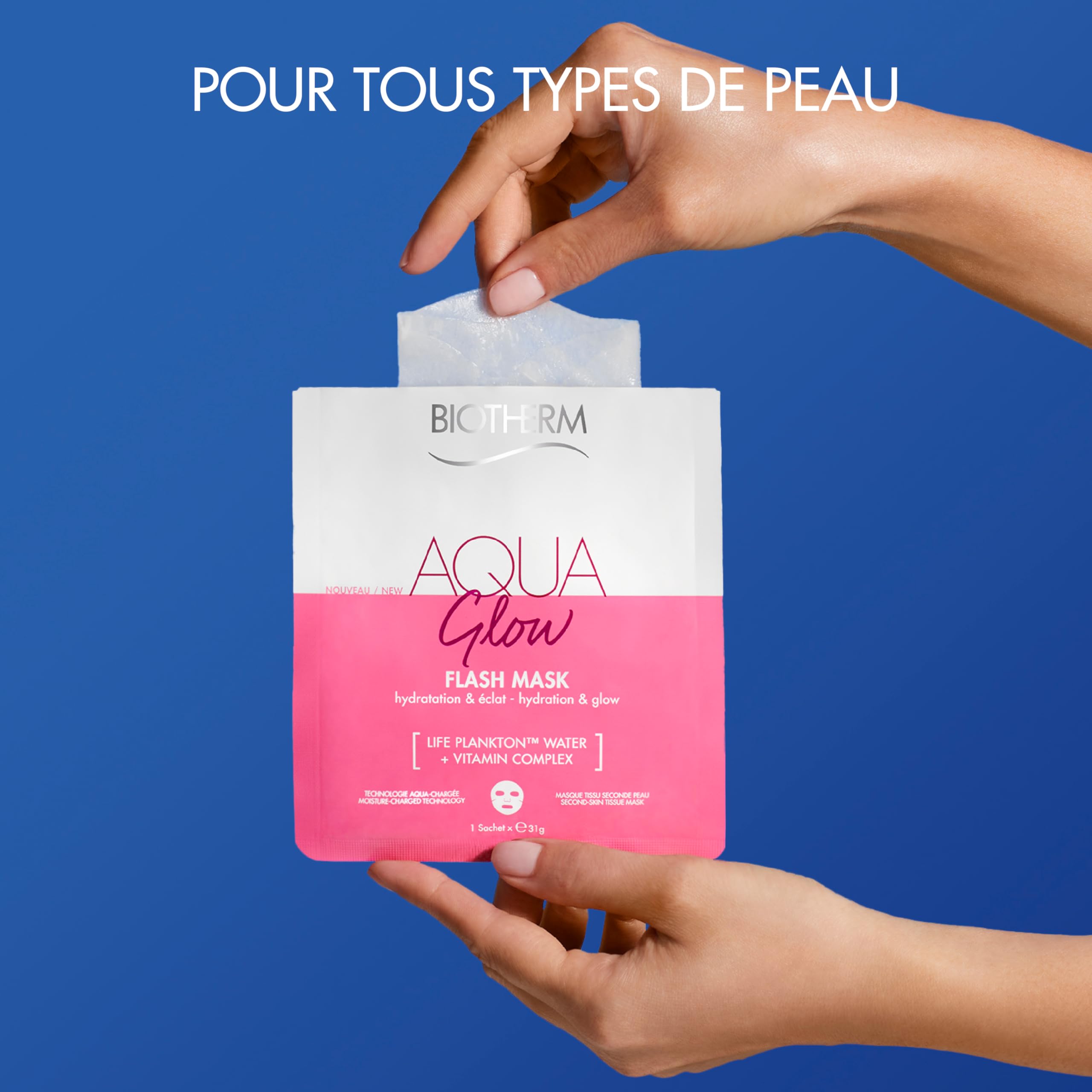BIOTHERM - Aqua Glow Flash Mask - Masque Tissu Visage Hydratant - Effet Bonne Mine - Vitamines - Tous Types de Peaux