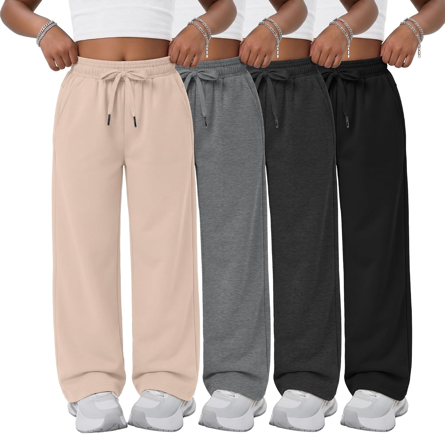 4 Pack Girls Sweatpants Kids Wide Leg Pants Baggy Drawstring Sweat Pants Athletic Clothes with Pockets 5-14 Years