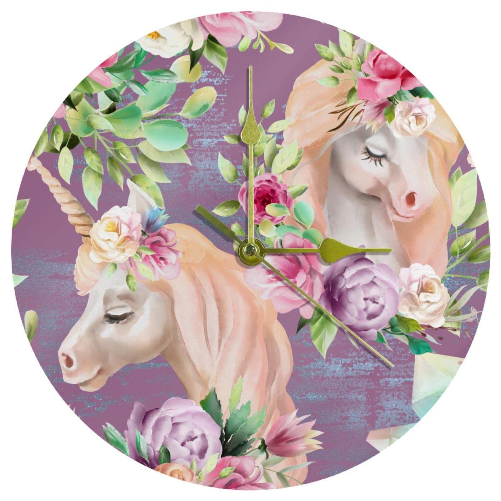 Horloge murale en acrylique au design moderne de licorne ronde et fleurs violettes