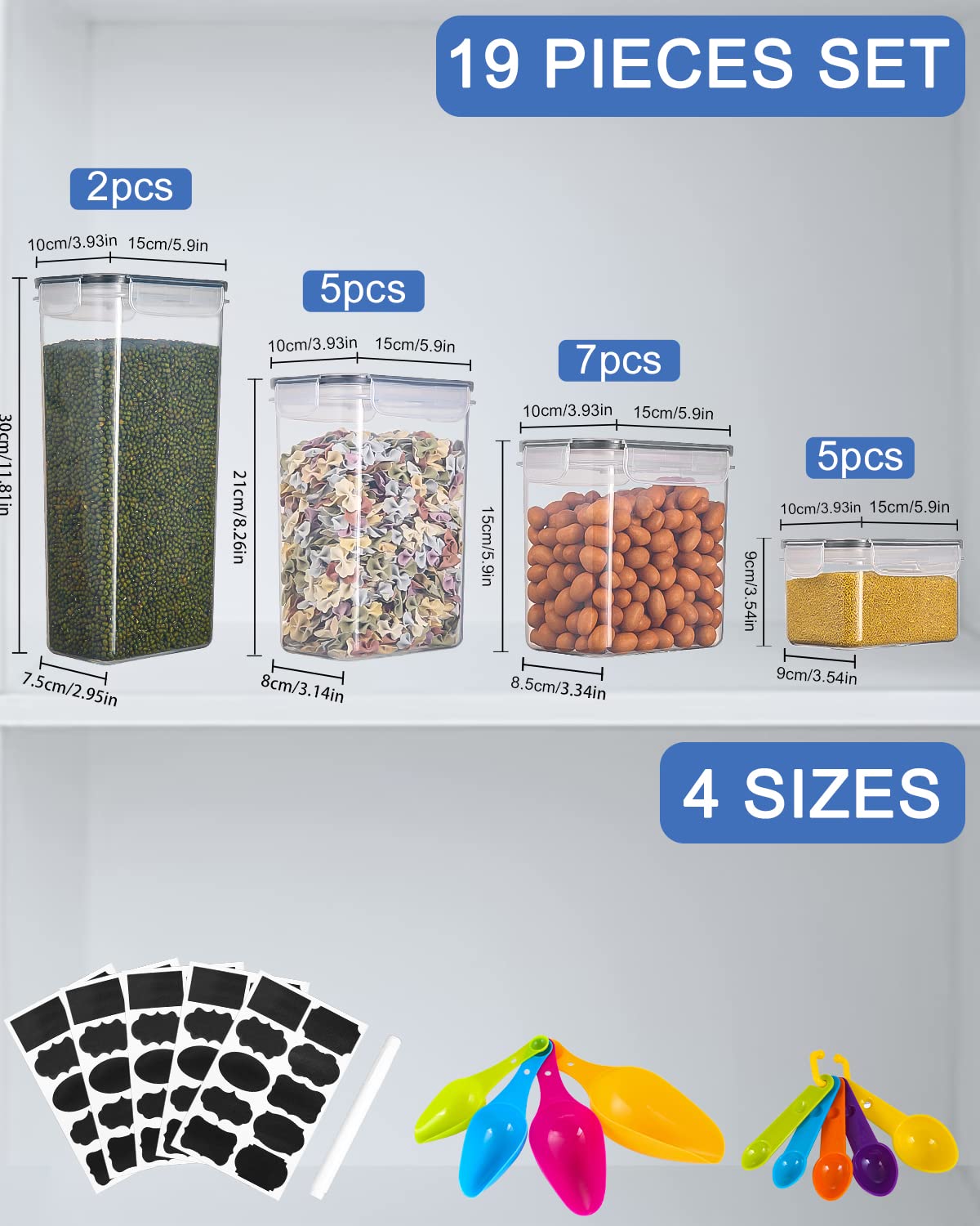 heuchaey Set di 19 Contenitori Alimentari per Cereali,Contenitori Plastica con Coperchio,Etichette e cucchiai,Barattoli Ermetici per Cereali,Muesli,Farina（2.8L 2L 1.4L 0.8L）