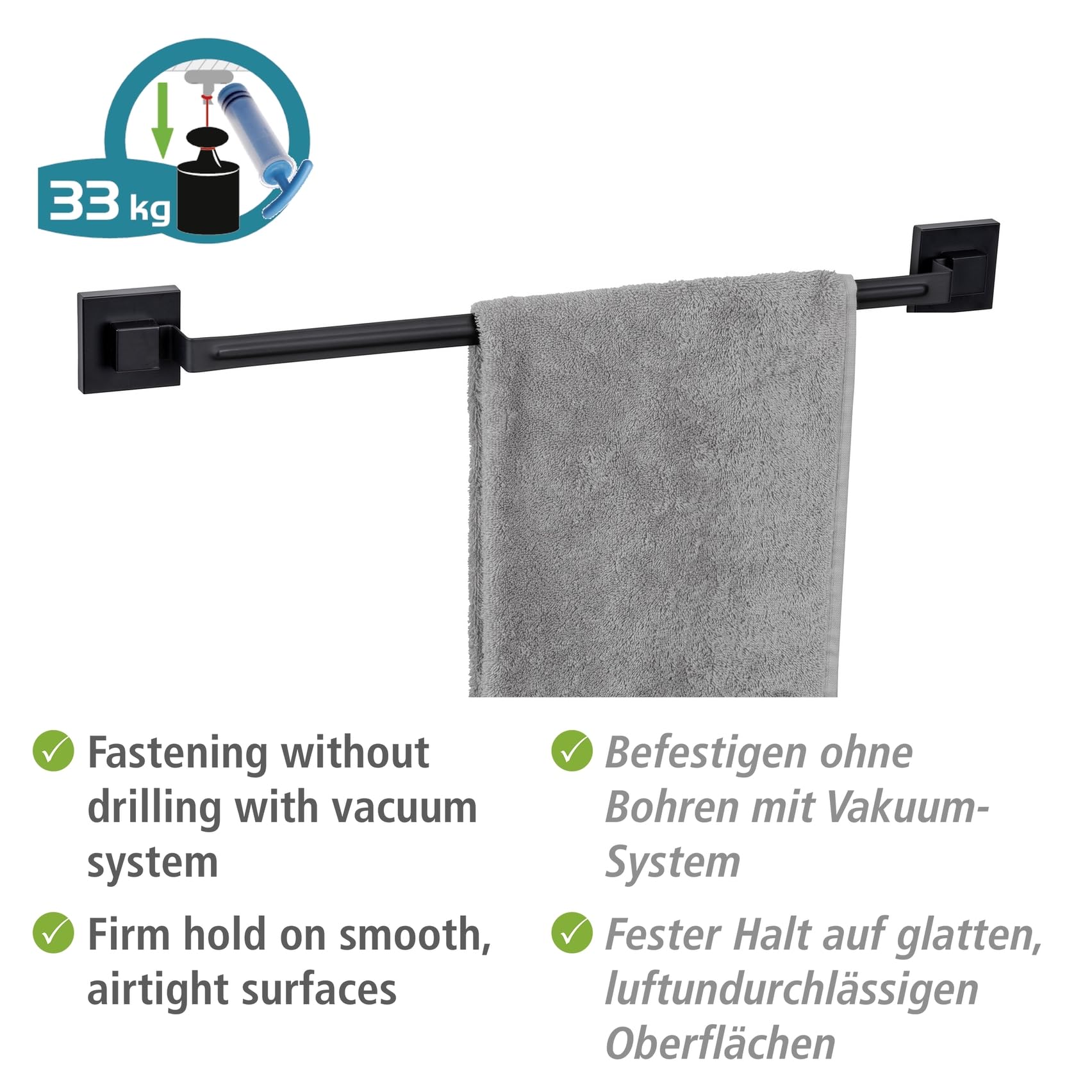 WENKO Porte-brosse à Dents Sans Perçage | Support Mural Vacuum-Loc Quadro Noir En Inox | Gobelet à Brosse à Dents En Plastique Transparent | DIM (l X H X P) 7,5 X