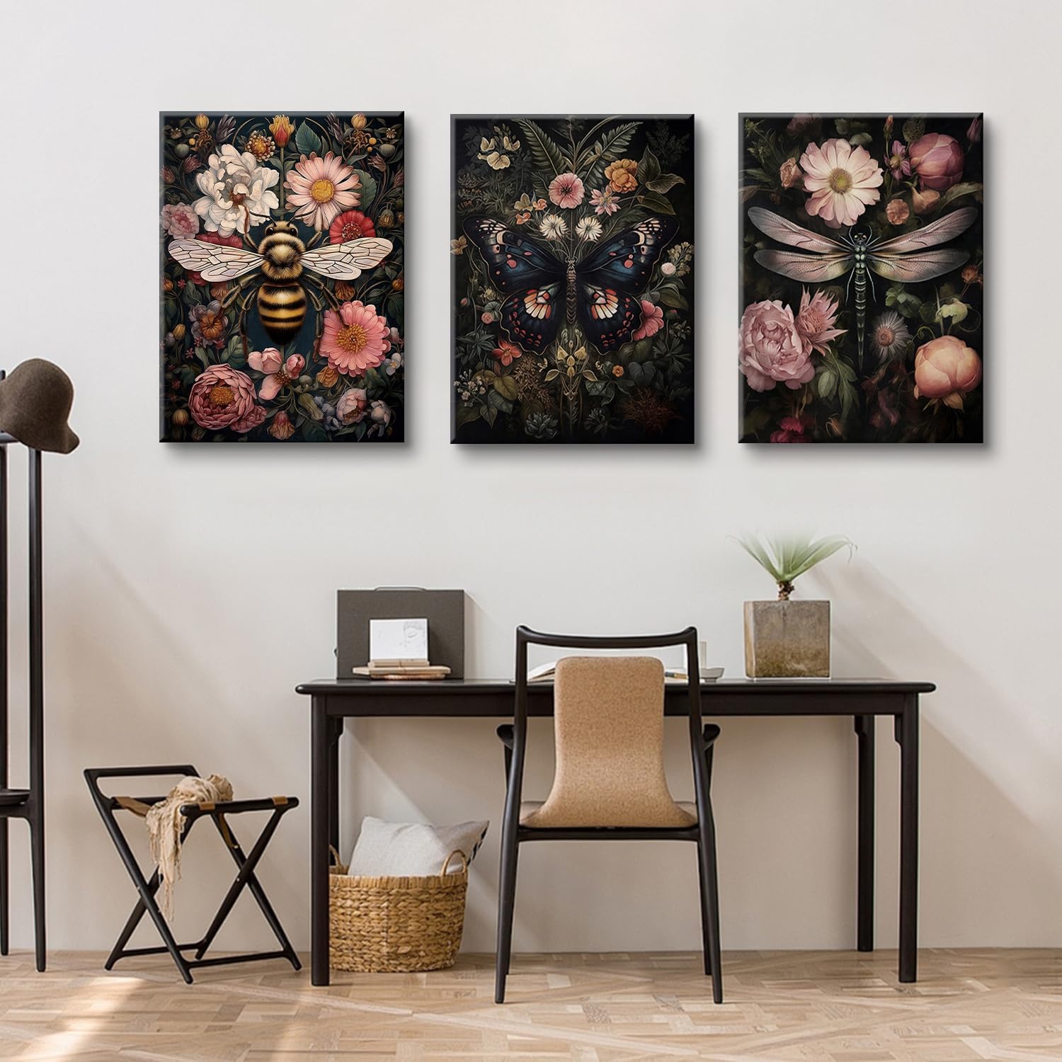 3Pcs Dragonfly and Bee Floral Wall Art Gothic Dark Insect and Plant Wall Decor Vintage Dark Preppy Posters Canvas Prints Painting Picture for Bathroom Bedroom 12x16in canvas