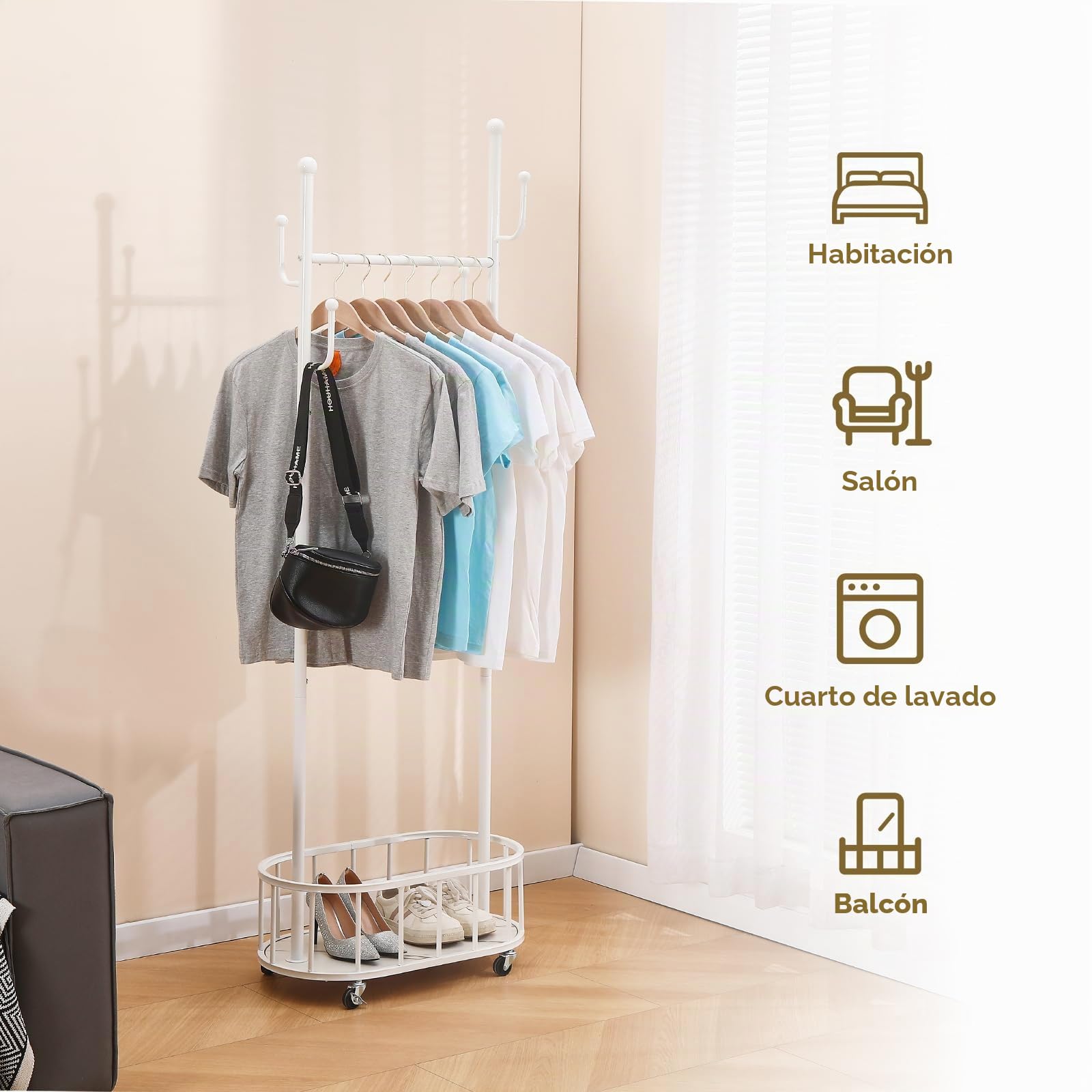 KAIHAOWIN Perchero con ruedas y cesta de almacenamiento, perchero de metal industrial con ruedas, para dormitorio y sala de estar y pasillo, blanco