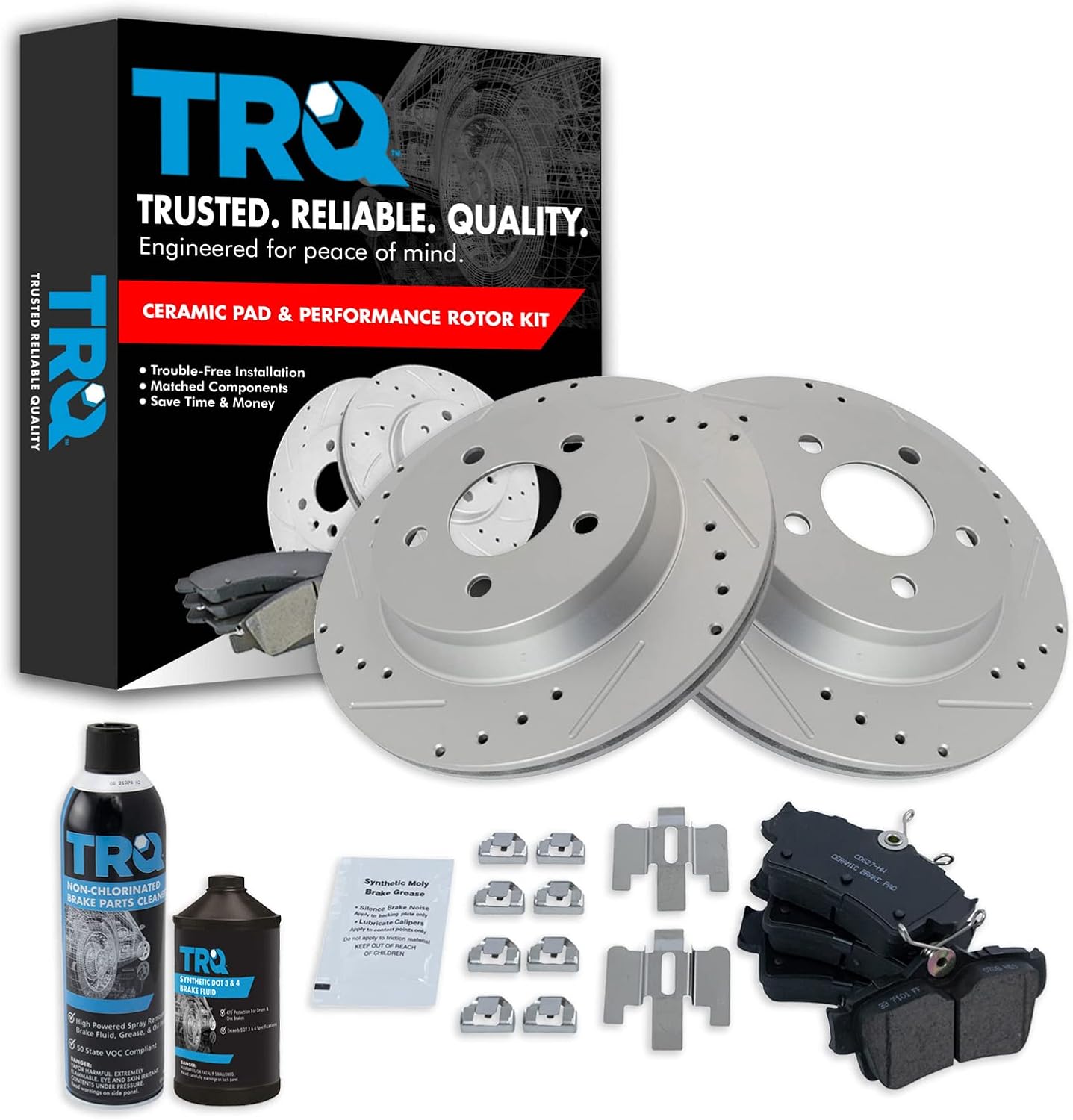 TRQ Rear Performance Brake Pad & Rotor Kit Brake Chemical Kit Brake Pads Brake Rotors Set Ceramic Premium G-Coated Compatible with 1994-2004 Ford Mustang