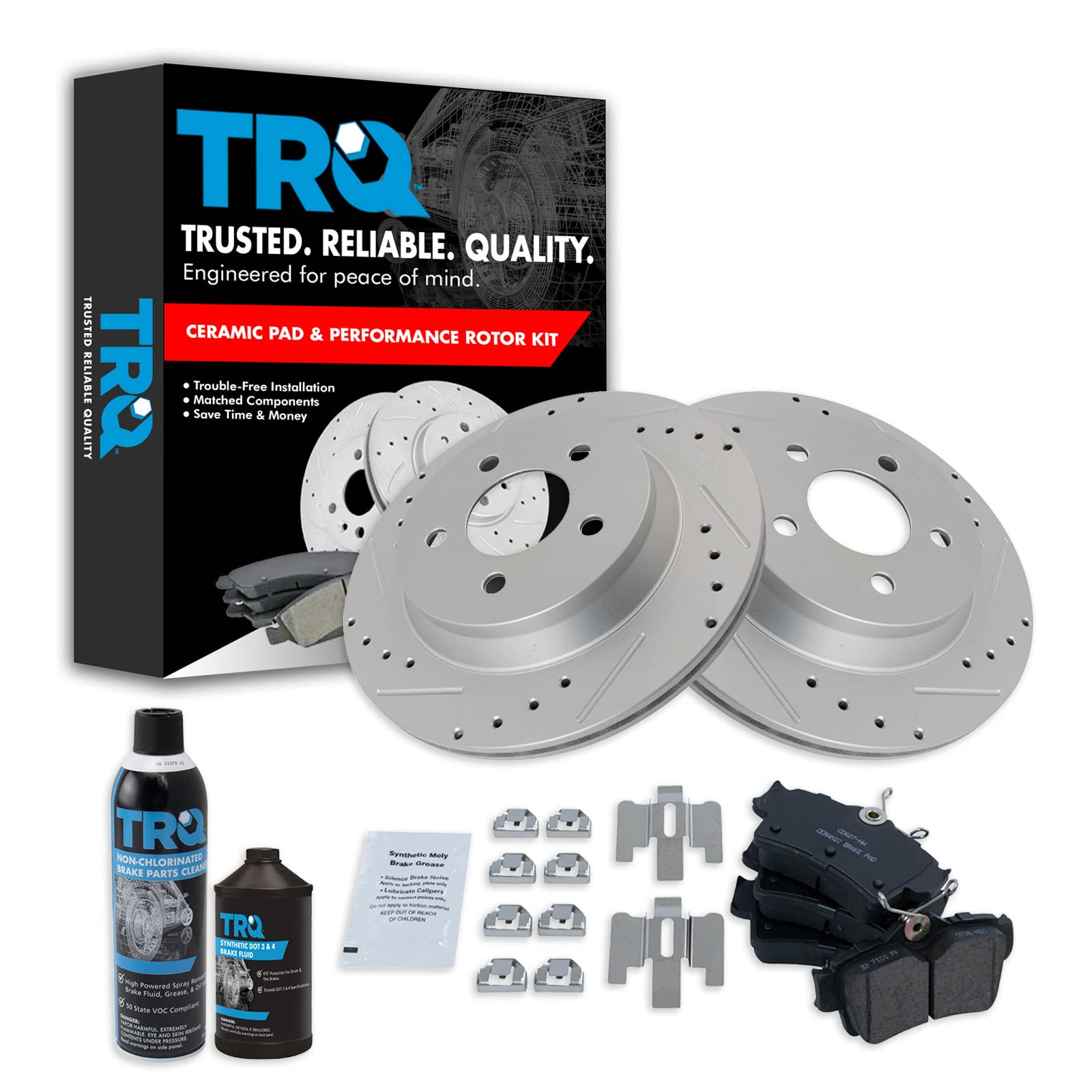 TRQ Rear Performance Brake Pad &amp; Rotor Kit, with Chemical Kit Ceramic Premium G-Coated Compatible with 1994-2004 Ford Mustang