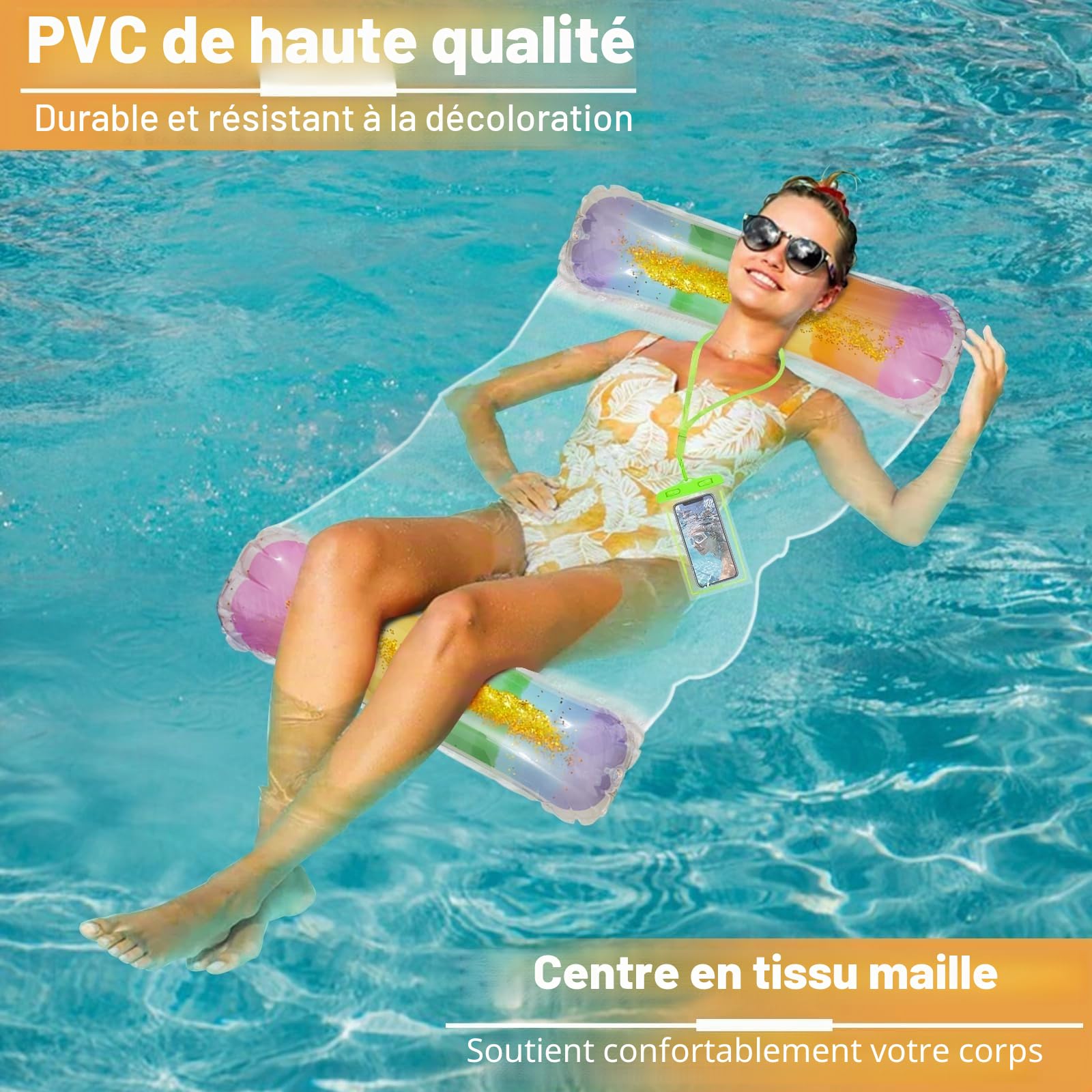 Lot de 2 hamacs flottants d'extérieur en PVC éco, 4-en-1 renforcé | 2 sacs étanches IPX8 avec pompe à air manuelle, matelas suspendu gonflable pour piscine, lac, plage, dégradé sequin