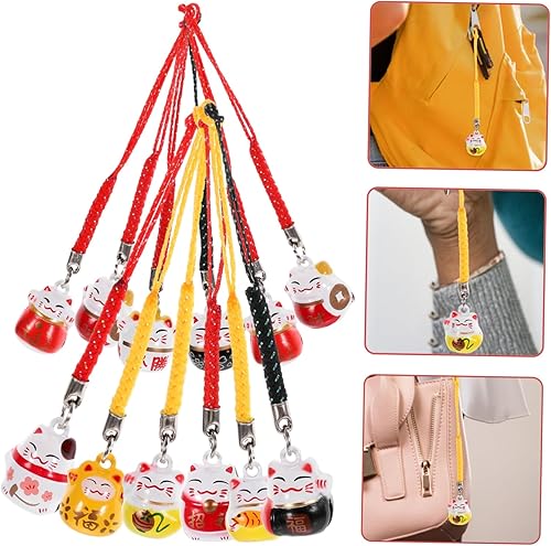 Miniatura 4 de 12 piezas de ornamento de buena suerte de gato de la suerte Fengshui con campana, atrae riqueza, Maneki Neko, decoración colgante para bolsa de