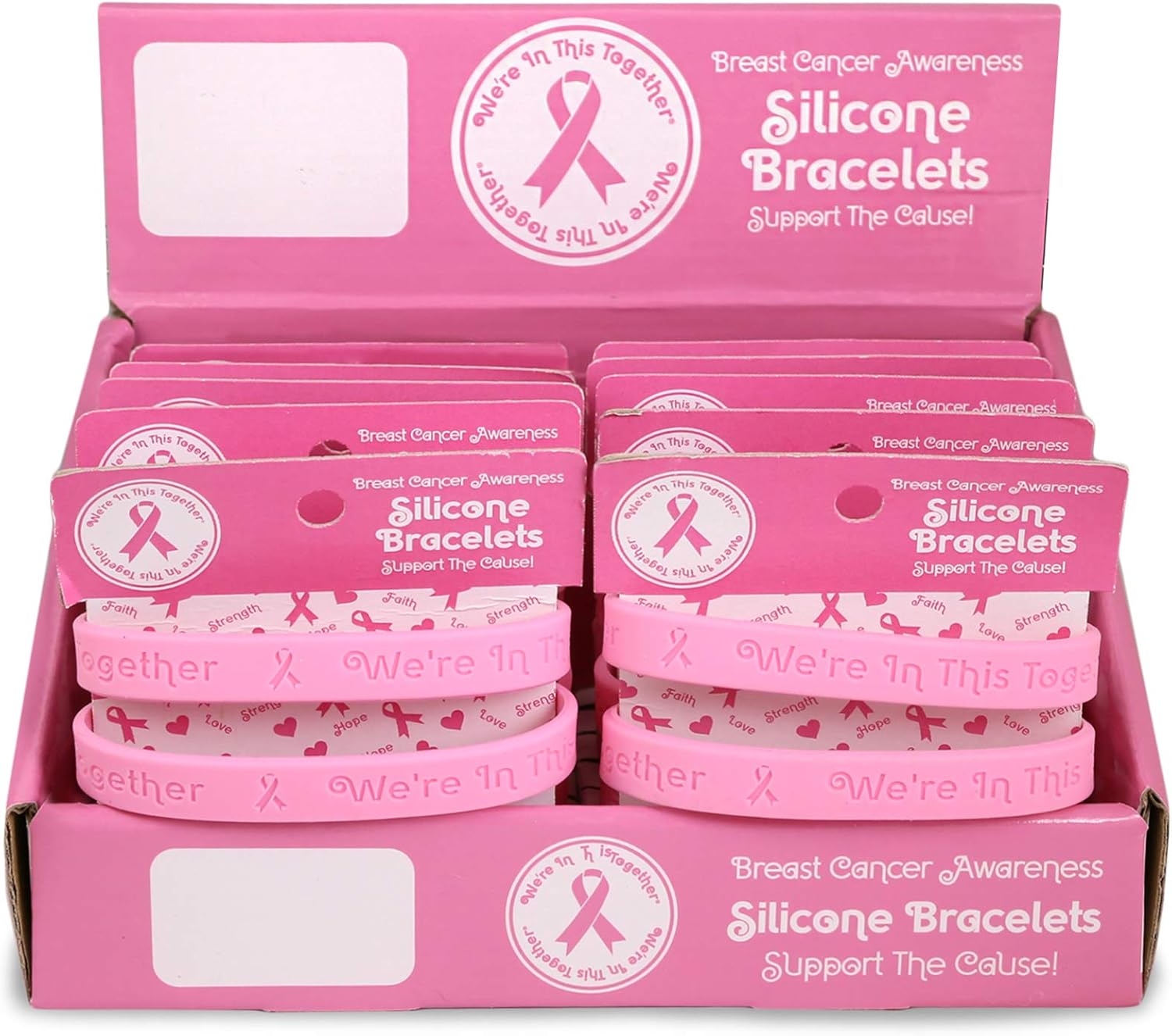 Fundraising For A Cause Pink Ribbon Silicone Bracelet Counter Display (12 Cards - 24 Bracelets)
