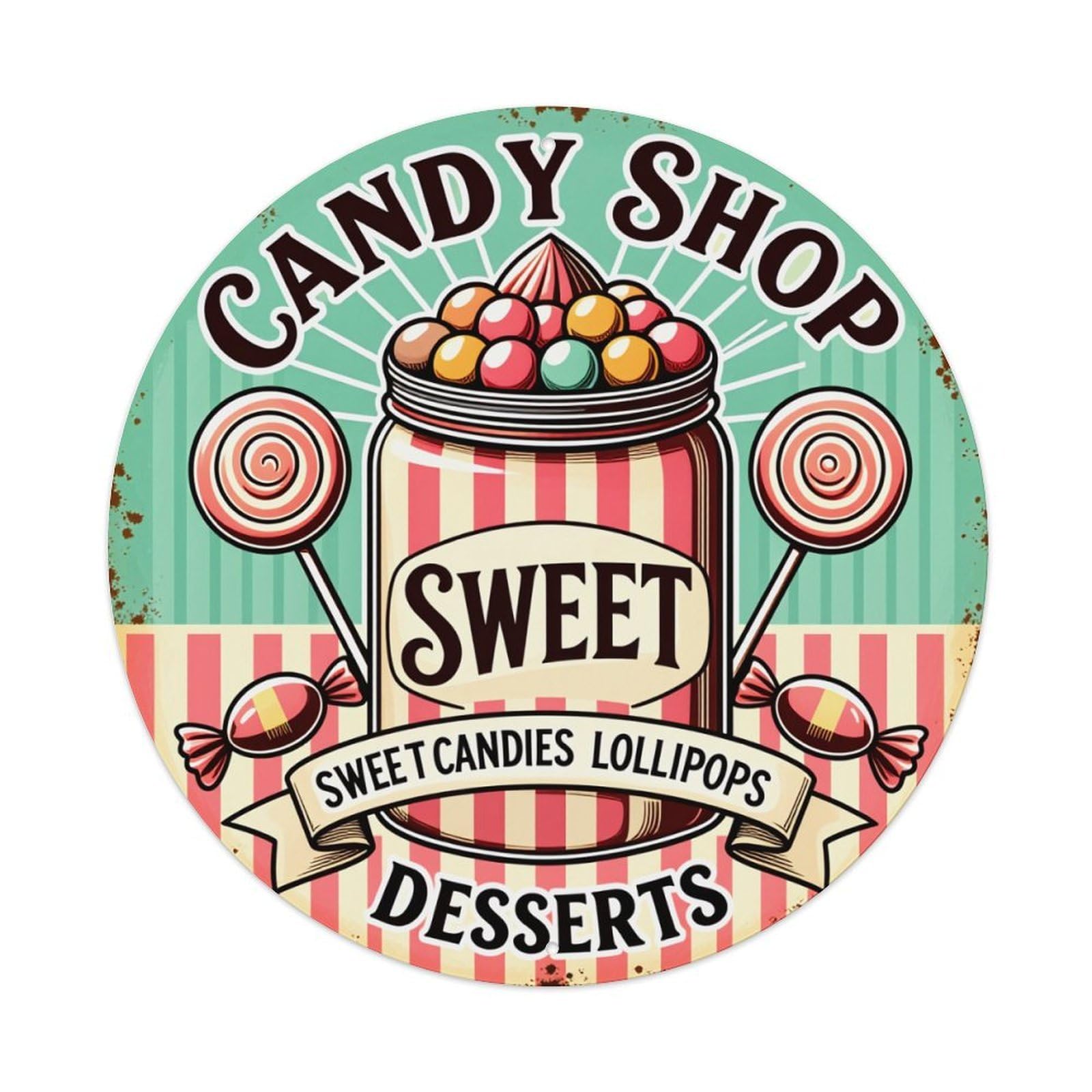 Candy Jar Lollipops Stripes Ribbon Round Tin Sign Vintage Style Metal Sign Home Bar Garden Wall Plaque Decor Metal Poster 8x8 Inch