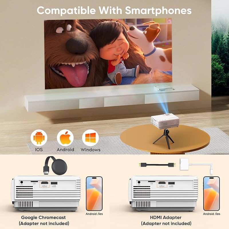 AKATUO Mini Projektor Bluetooth 5.1 - Hordozható Full HD 1080P LCD Házimozi Projektor 200" Képernyővel, Telefonhoz, TV-hez, 10000 Lumen