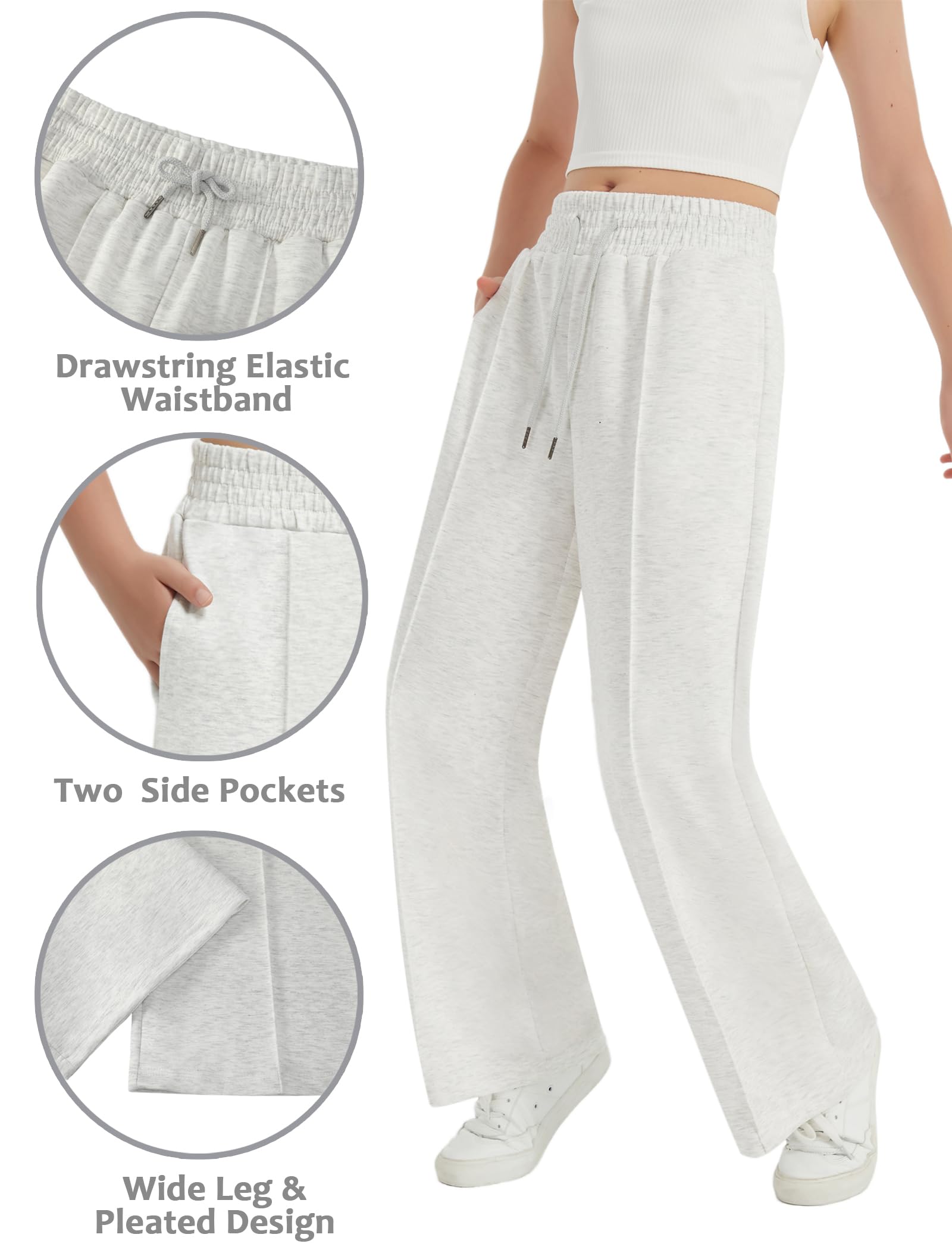 EXARUS Pantalones deportivos para niñas con costura frontal, cordón de ajuste, cintura alta, pierna ancha, holgados, casuales, cintura alta, 6-14 años