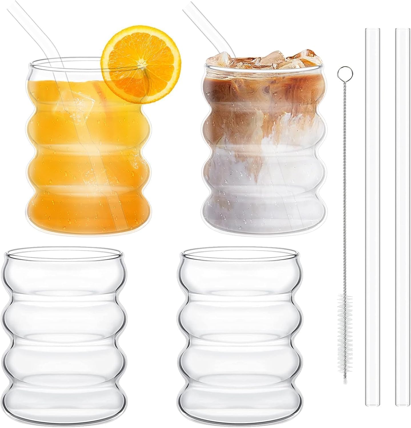 Bubble szklanki 350 ml ze słomką, zestaw 4 żebrowanych szklanek