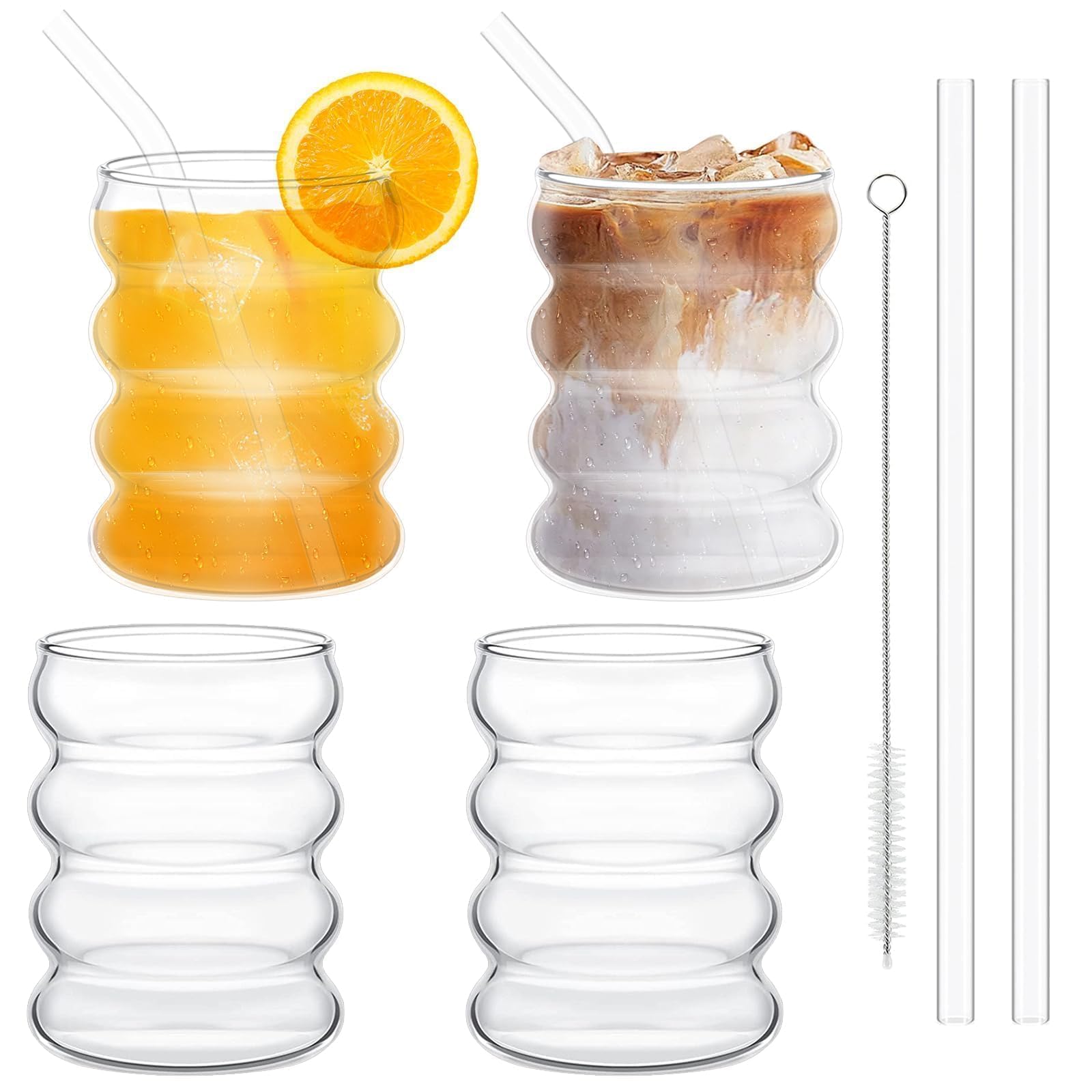 350ml Bicchieri Della Bolla con la Paglia,Set di bicchieri a Coste 4pcs,bicchieri Dell'Onda Tumbler di Vetro,Bicchieri Dell'Acqua per Il Latte Macchiato Caffè Freddo Whisky Cocktail Caffè Soda (B)