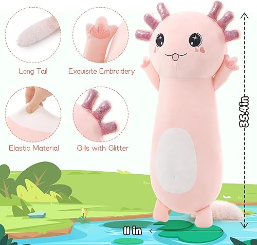 Miniatura 4 de Bonita almohada corporal de ajolote rosa, regalo para niñas, 35 pulgadas de largo, almohada de abrazo para adultos, regalo para el día de San