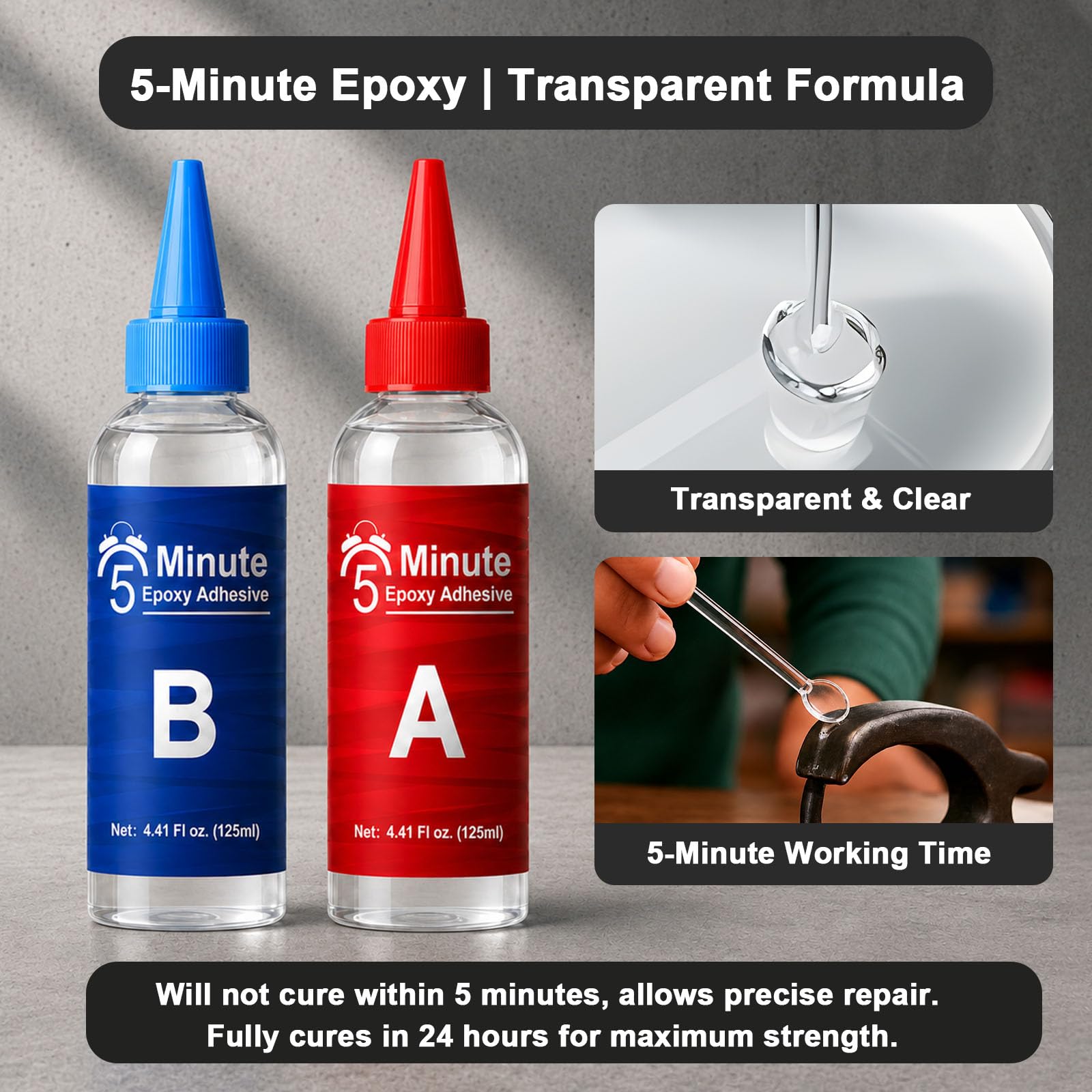Colla Epossidica Bicomponente, 250 ml Mix 5 Minuti, Trasparente, Adesivo Multiuso Multimateriale, Colla Bicomponente per Plastica, Ceramica, Porcellana, Vetro, Legno