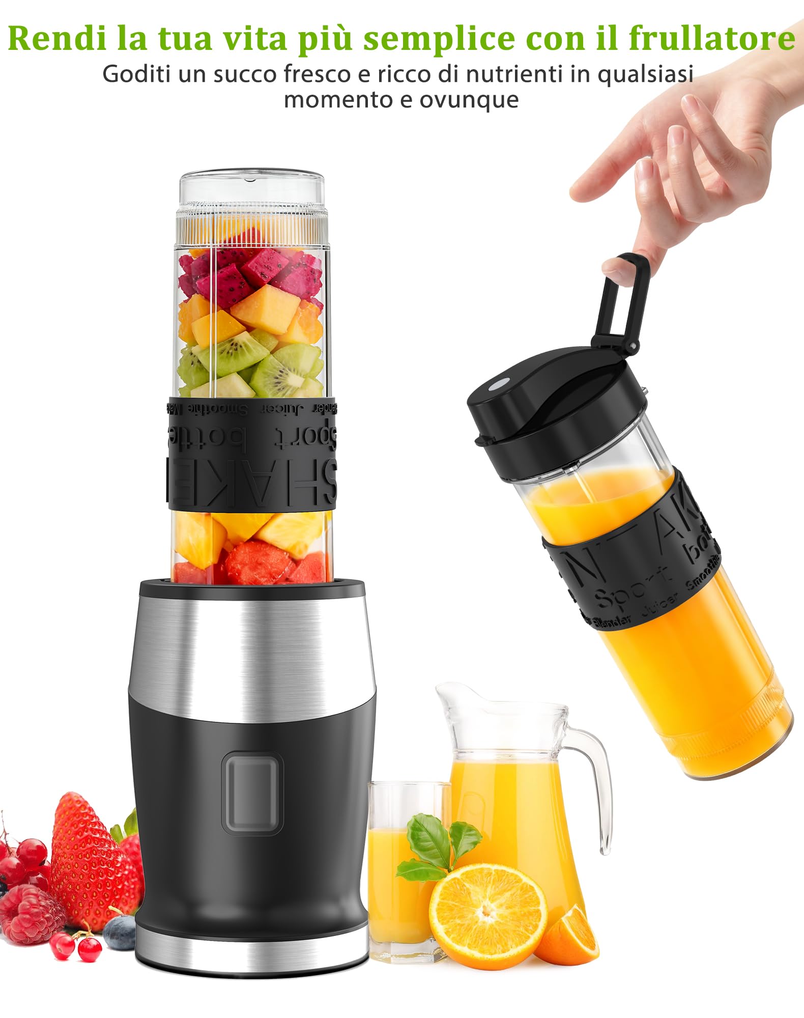 Frullatore, 700W Blender Frullatore Tritatutto Elettrico/Macinino con 570ML Bottiglia, Portatile Frullatore Smoothie per Frutta Verdura Fare Succhi Frullati, Senza BPA