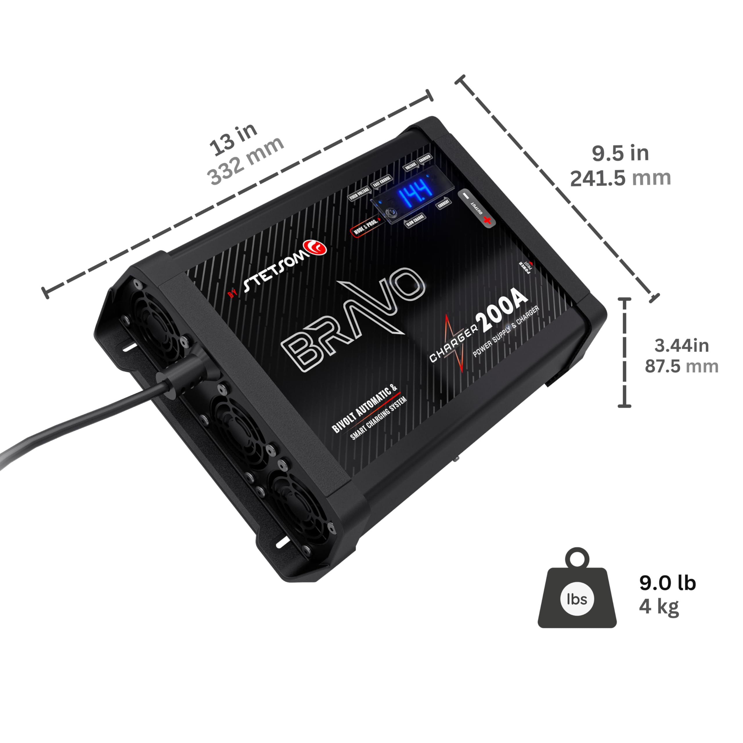 Stetsom Bravo Charger 200A, Cargador de batería de Coche, Corriente máxima de Fuente de 200 amperios, Cargador Inteligente, Fuente de alimentación de Audio para Coche, disipador de Calor Interno para