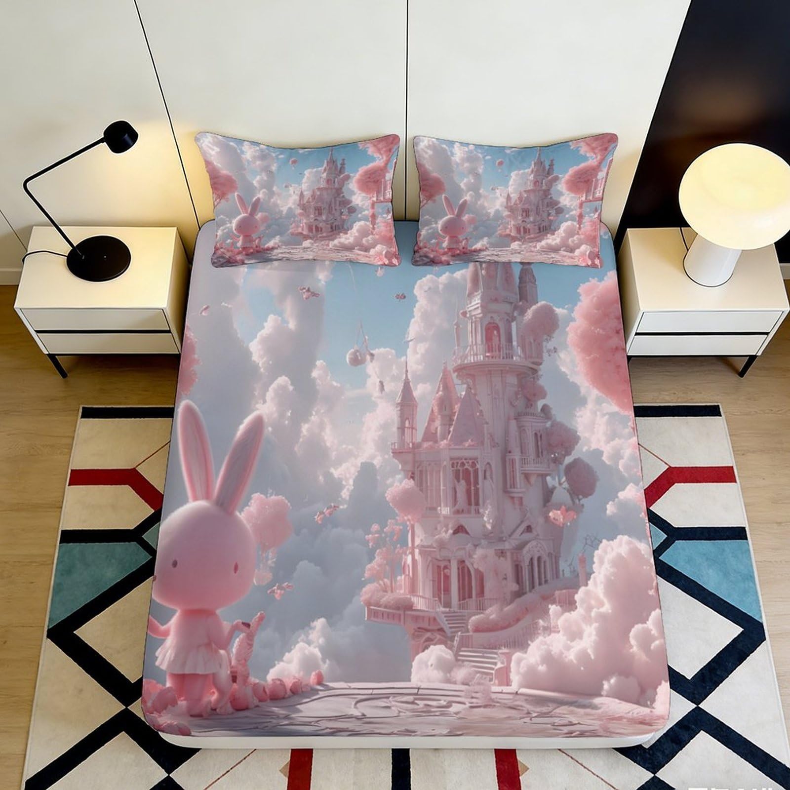 3D Printed Pink Fantasy Castle Fitted Sheet Microfiber Soft Breathable Bunny Cloud Bed Cover for Bedroom Dormitory Guest Room Mattress Protection 140x200x25cm