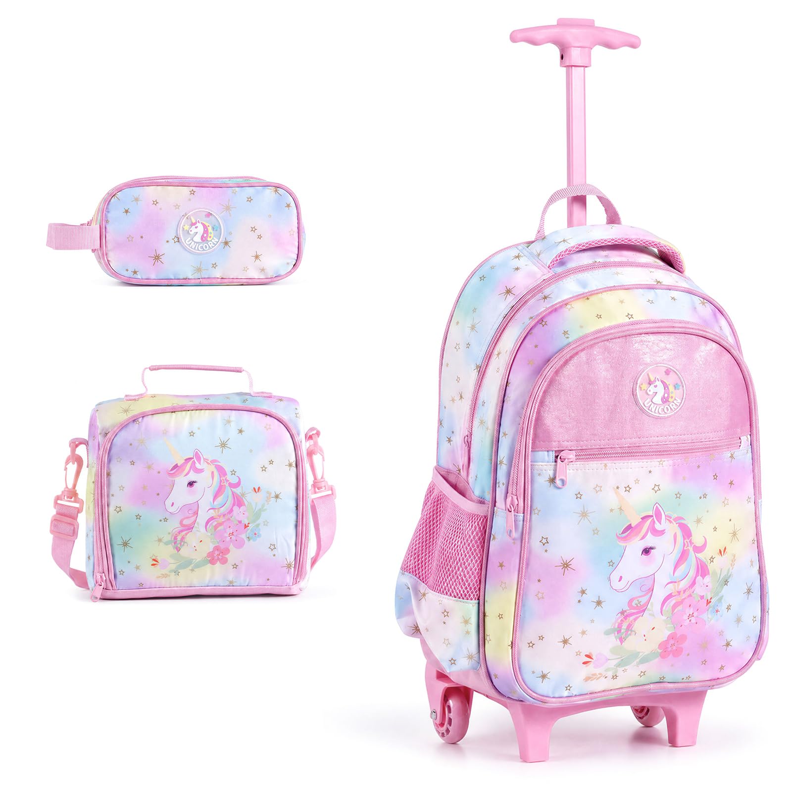 LIFEZEAL Set Zaino Scolastico 3 in 1 per Bambini 3+ Anni (Unicorno1) | Set di 3 Zaini Trolley con Rotelle con Borsa per Merenda, Astuccio per Matite, Maniglia Telescopica e Portabicchieri