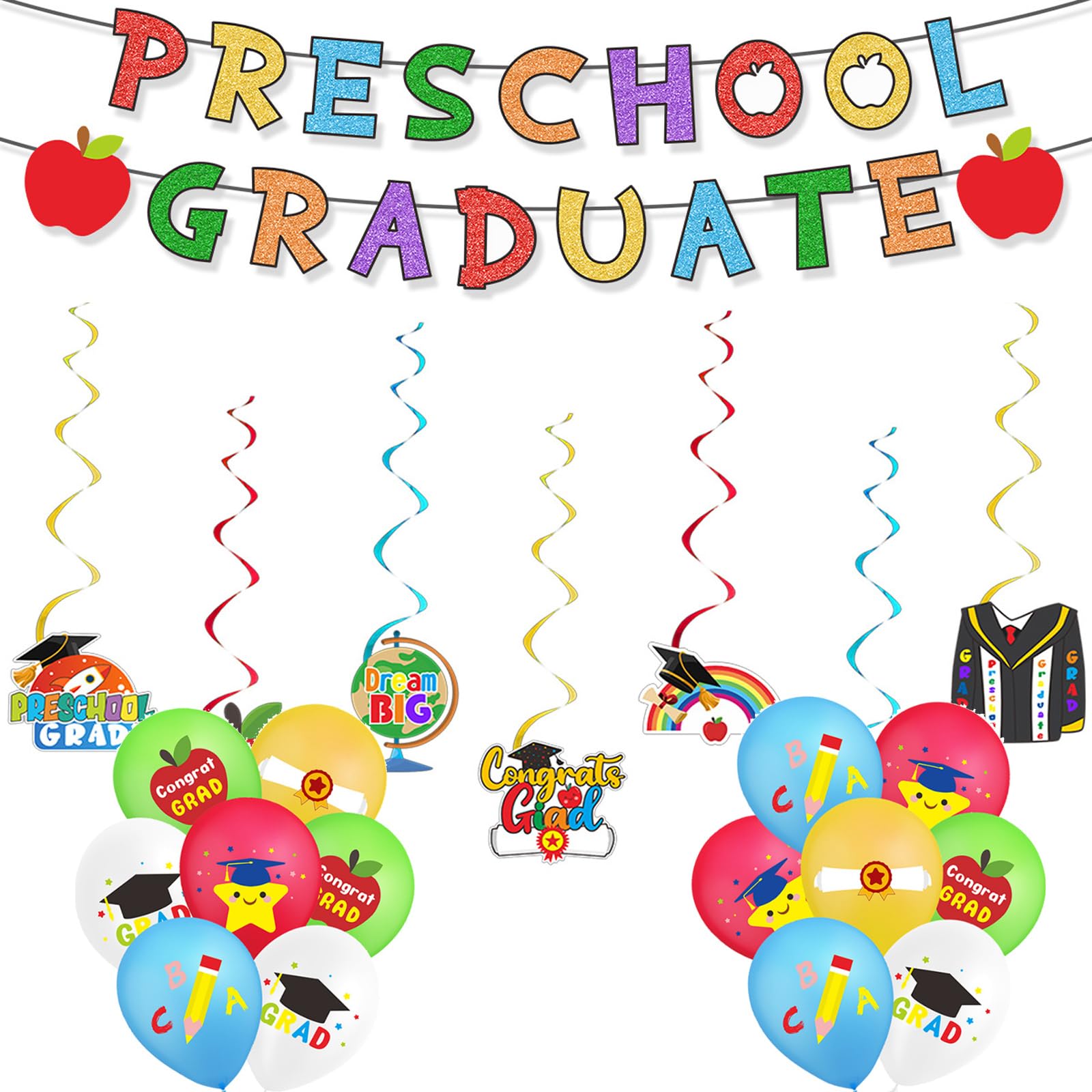 22PCS Graduation Decorations Set Kindergarten Graduation Banner Hanging Swirls Spirals and Balloons Preschool Party Decorations Congratulations Gifts Class of 2026 for Her Him Girls Boys