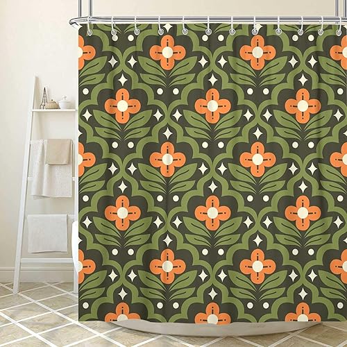 JAWO Cortina de ducha vintage con diseño floral, estilo bohemio, verde, naranja, retro, para decoración de baño, accesorios de decoración abstracta
