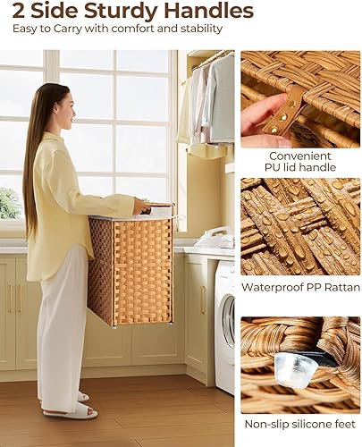 Miniatura 4 de Greenstell Cesto para ropa sucia con tapa, no necesita instalación, cestas de mimbre de 130 litros plegables, 2 bolsas extraíbles, cesta de ropa de