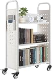 VEVOR Bücherwagen, 150 kg Tragkraft, Bibliothekswagen, 77 x 38 x 122 cm, einseitiges L-förmiges Bücherregal mit Doppelbremsrollen, Weiß