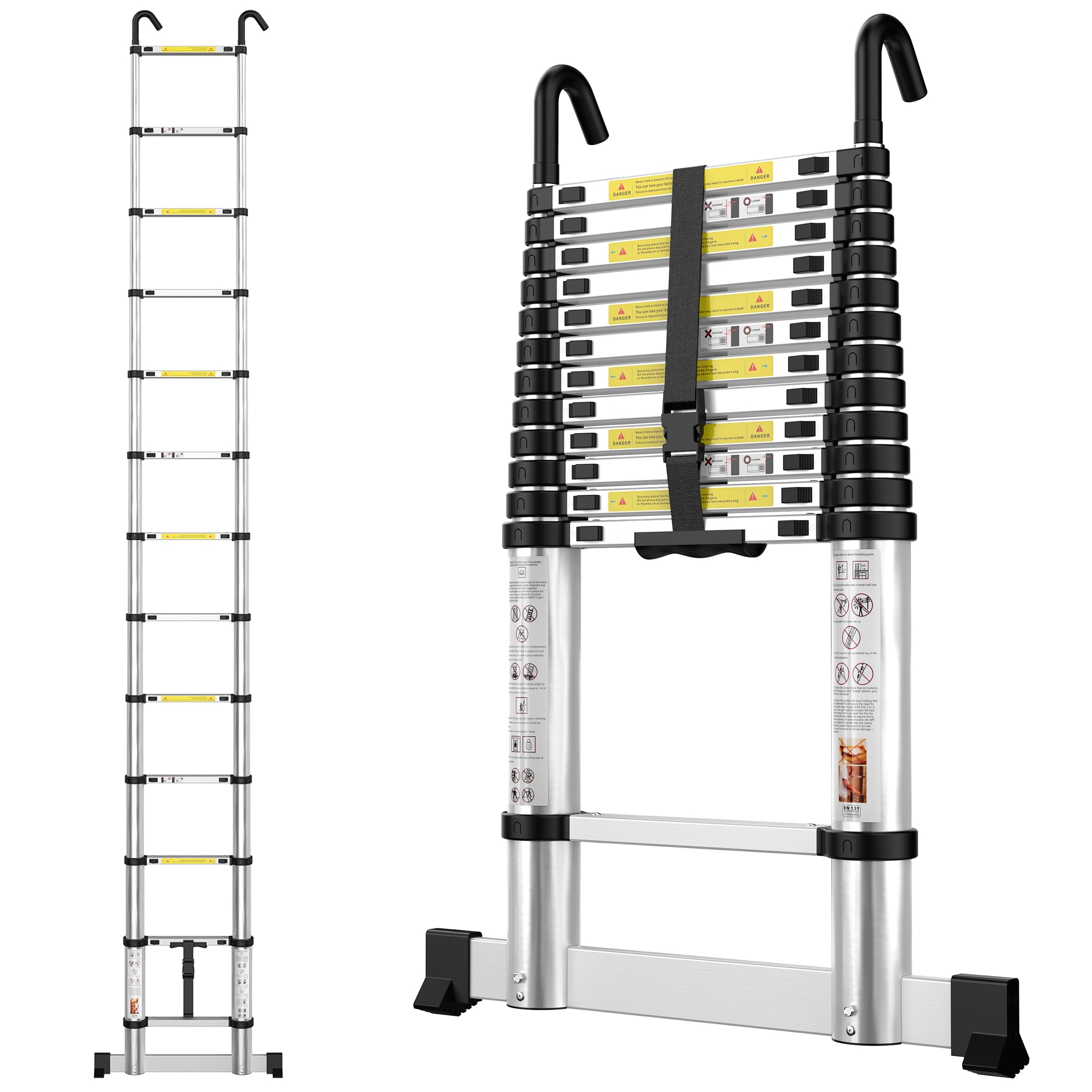 Telescopic Ladder 3.8M/12.5FT Aluminium Extension Loft Ladder with Stabilizer Bar and Detachable Hooks, Multi Purpose Extendable Portable Ladders, 13 Steps