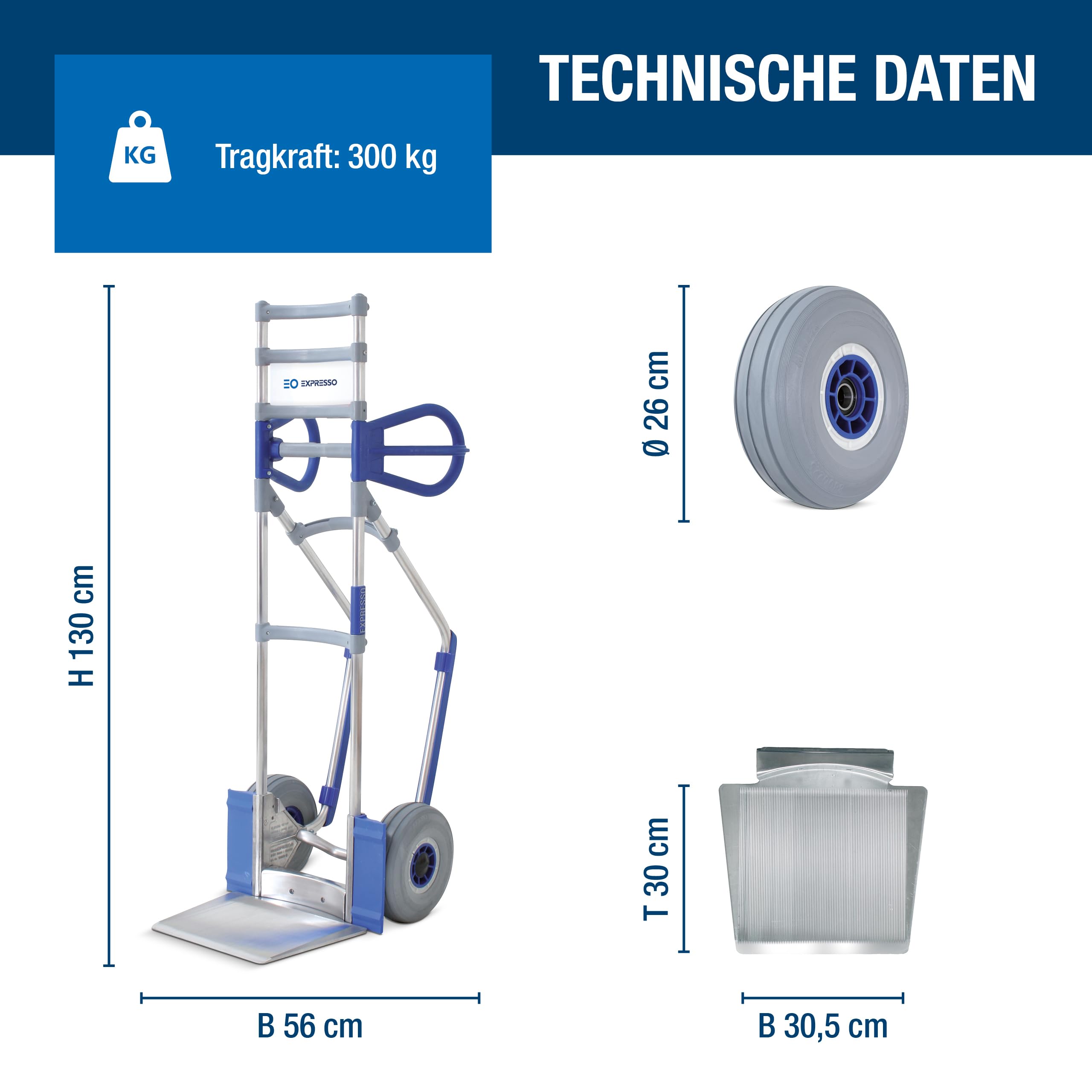 Vollmontierte EXPRESSO Alu Profi- Sackkarre AE24381525 für Säcke, Rollen & Kartons / 250kg / pannensichere Vollgummireifen/Schaufel L 30 x B 30,5 cm