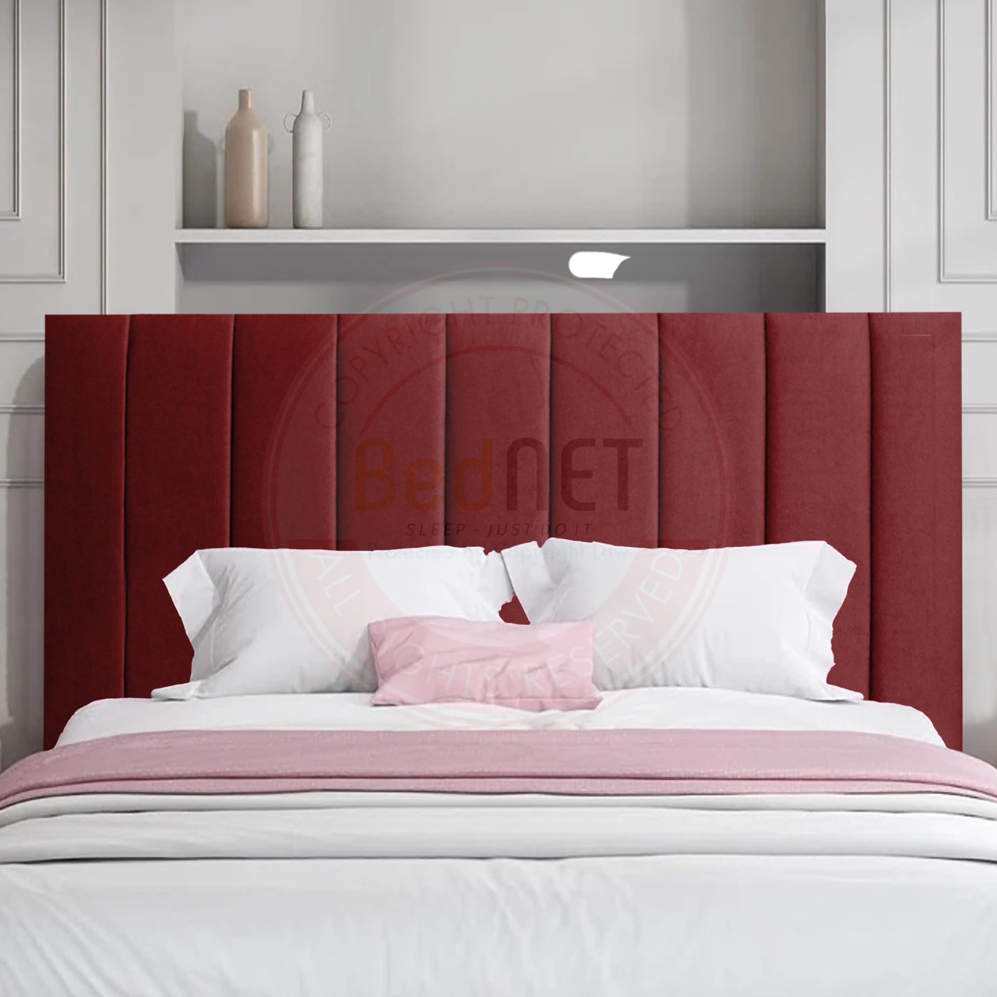 BEDNET Plush Velvet Upholstered Panel 20" Headboard with Vertical Panels, Padded Fabric Bed Headboard for Divan Ottoman Beds (4FT6 - Double, Burgundy)