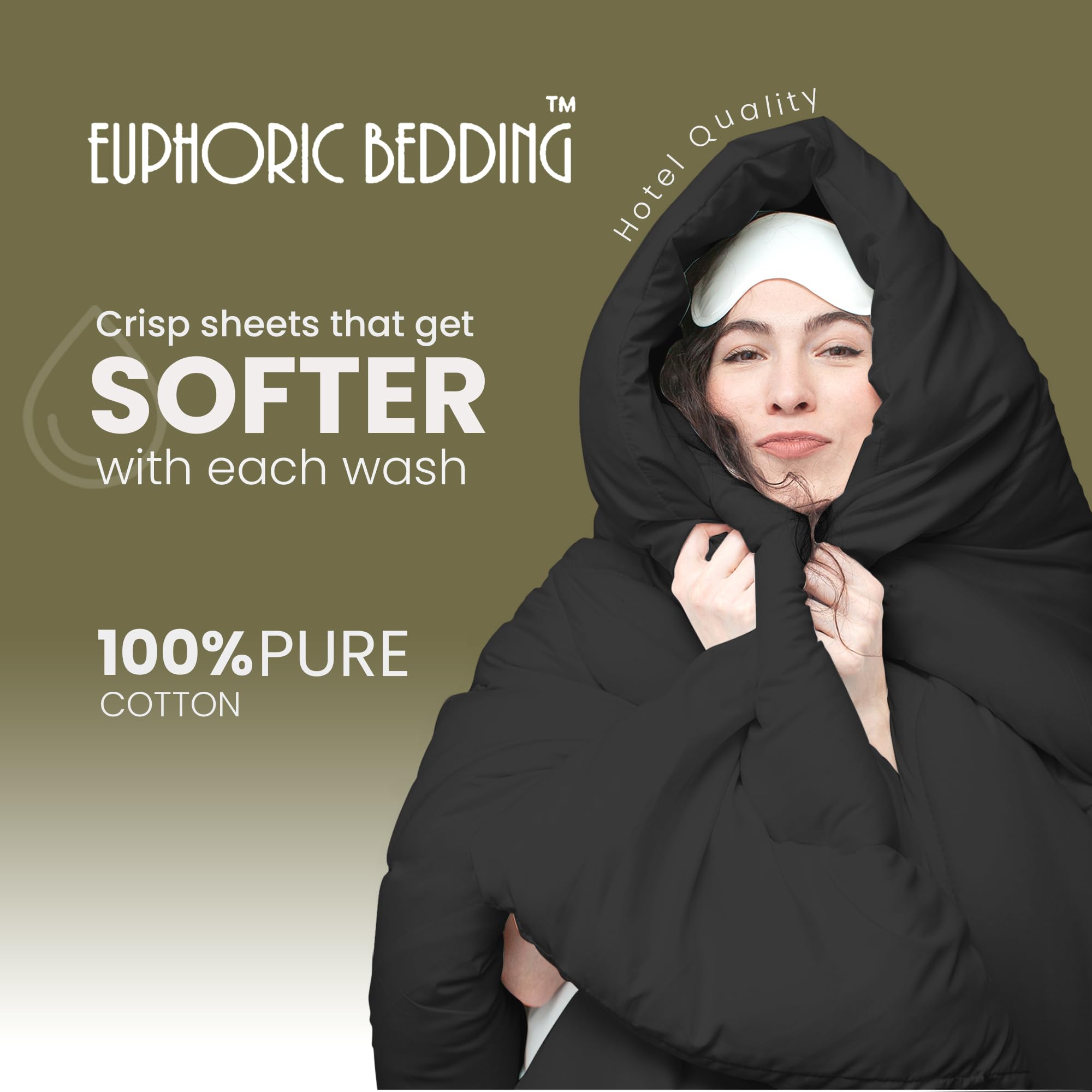 Set copripiumino king size in 100% puro cotone (cotone egiziano) in tinta unita nero – include copripiumino, lenzuolo con angoli e federe